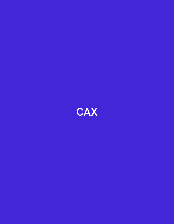 The image displays a solid, uniform background in a shade of royal blue or deep purple. Centered both horizontally and vertically on this background is the three-letter word "CAX," rendered in white, uppercase, sans-serif typography. There are no other discernible objects, subjects, people, actions, interactions, or environmental details present in the image. The image provides no visual information to suggest a specific geographical location, including the city of Casablanca, Morocco.