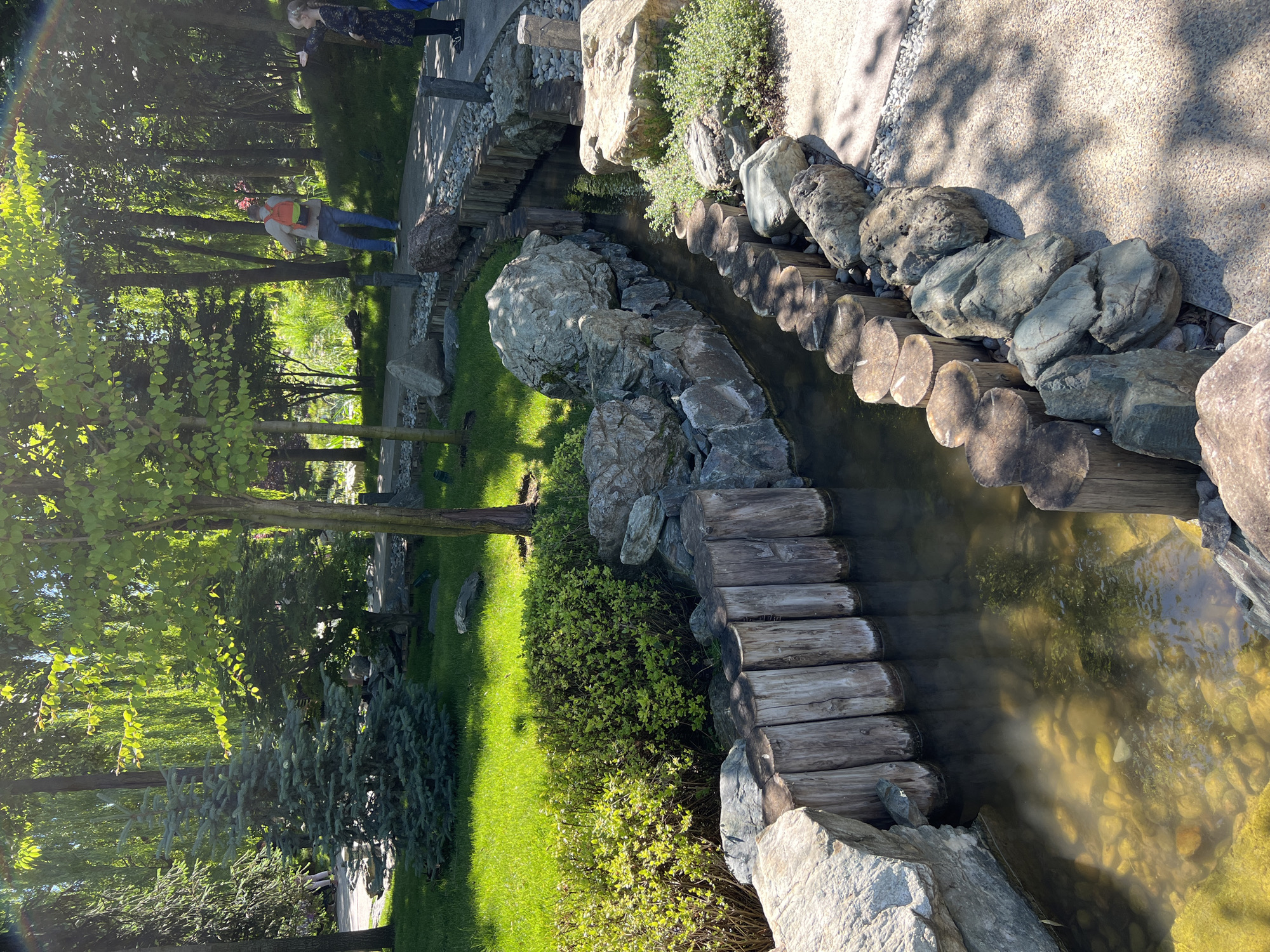 This media file captures a serene outdoor scene, likely a public park or botanical garden, on a bright sunny day. The primary feature is a man-made stream or canal flowing diagonally through the frame from upper left to lower right. Its banks are meticulously crafted with large, natural-colored rocks and stacked, rustic wooden logs forming a clear edge. The water within the stream appears shallow and clear, revealing pebbles and some aquatic vegetation at the bottom.
Lush green grass covers the ground surrounding the stream, interspersed with various trees and bushes. Deciduous trees with vibrant green leaves, some featuring long, drooping branches, provide shade, while several evergreen conifers, possibly spruce or fir, add textural contrast.
In the background, on the far side of the stream, two individuals are visible. One person, seen from behind, wears a light-colored top, blue jeans, and a bright orange or yellow backpack, appearing to observe the surroundings. Further to their right, another person in a dark, patterned dress is partially visible, also standing on what appears to be a gravel path that runs alongside the stream on the right side of the image. The light-colored path is well-maintained and complements the natural rock and wood elements.
The time of day appears to be mid-morning or late afternoon, as suggested by the bright sunshine casting distinct shadows from the trees and stream banks. The overall atmosphere is peaceful and leisurely, indicative of people enjoying a walk in a well-landscaped environment. The design, incorporating rocks, water, and varied foliage, suggests an aesthetic common in Japanese gardens or well-designed city parks, potentially in Krasnodar, Russia, as per the provided context. No visible text is present in the image.