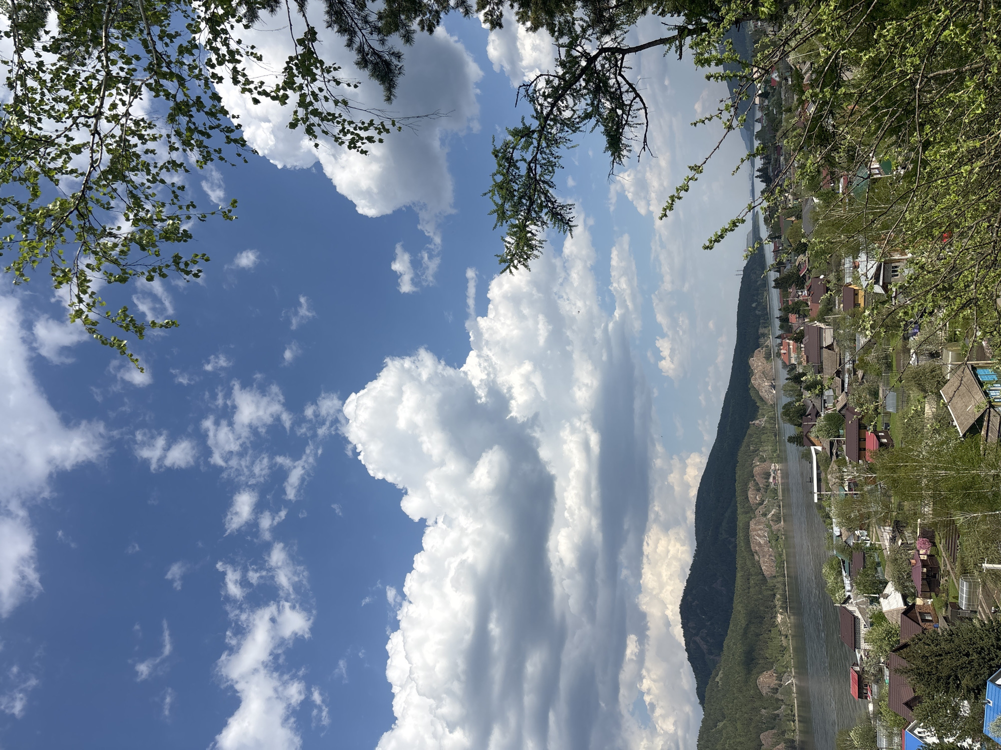 The image shows a landscape in Овсянка, Russia. The sky is predominantly blue with cumulus clouds. Tree branches with leaves frame the upper edges of the image. A river flows between a mountain and a village with various buildings and houses. The scene appears to be captured from an elevated perspective.