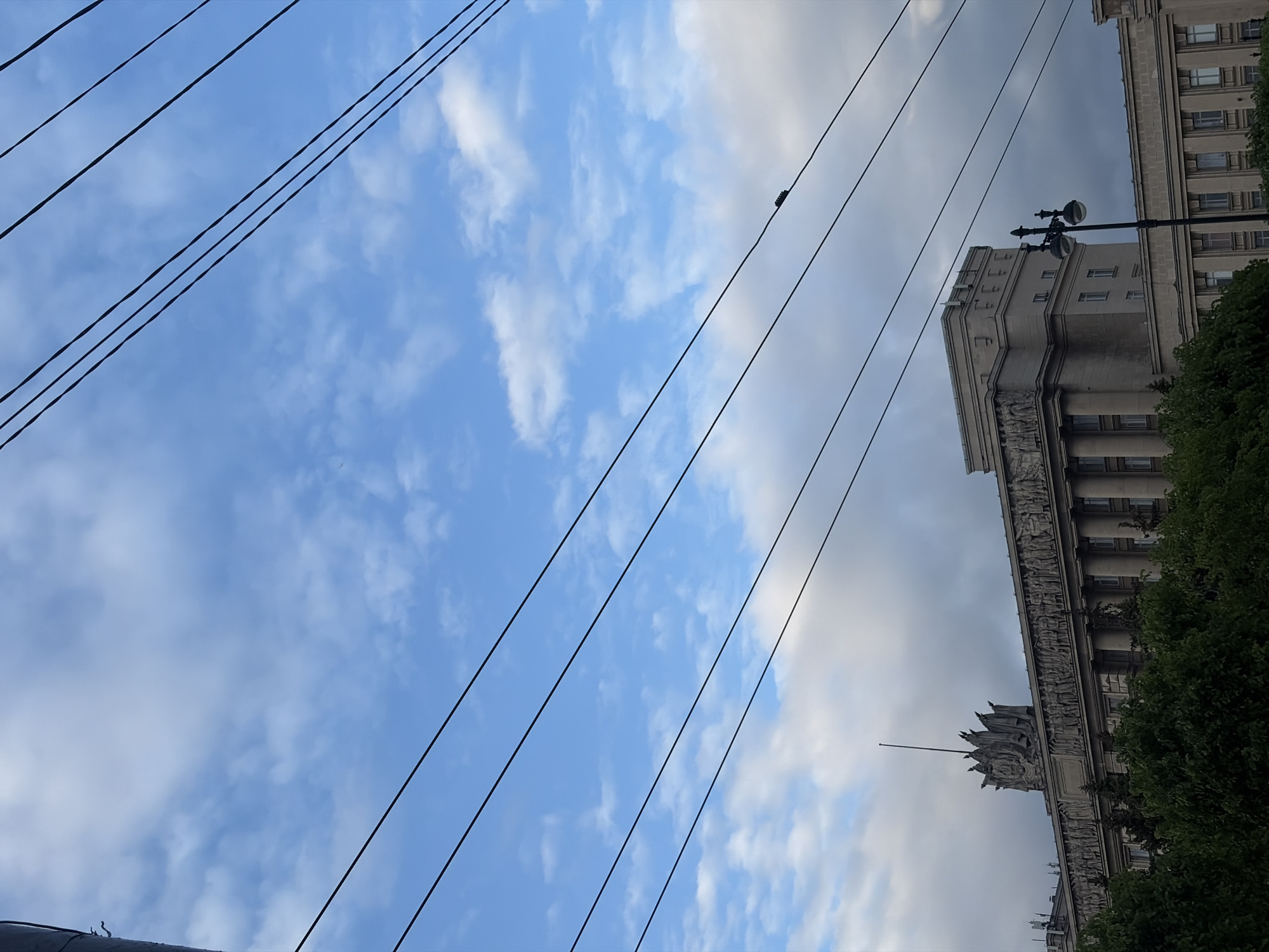 The image captures a view in Saint Petersburg, Russia, angled upwards towards the sky. Thin black power lines cut diagonally across the frame. The sky is a mix of blue and white, with cumulus clouds scattered throughout. On the right side, a portion of an ornate, neoclassical building is visible, featuring detailed friezes and columns. Trees partially obscure the lower portion of the building. A streetlight stands next to the building.