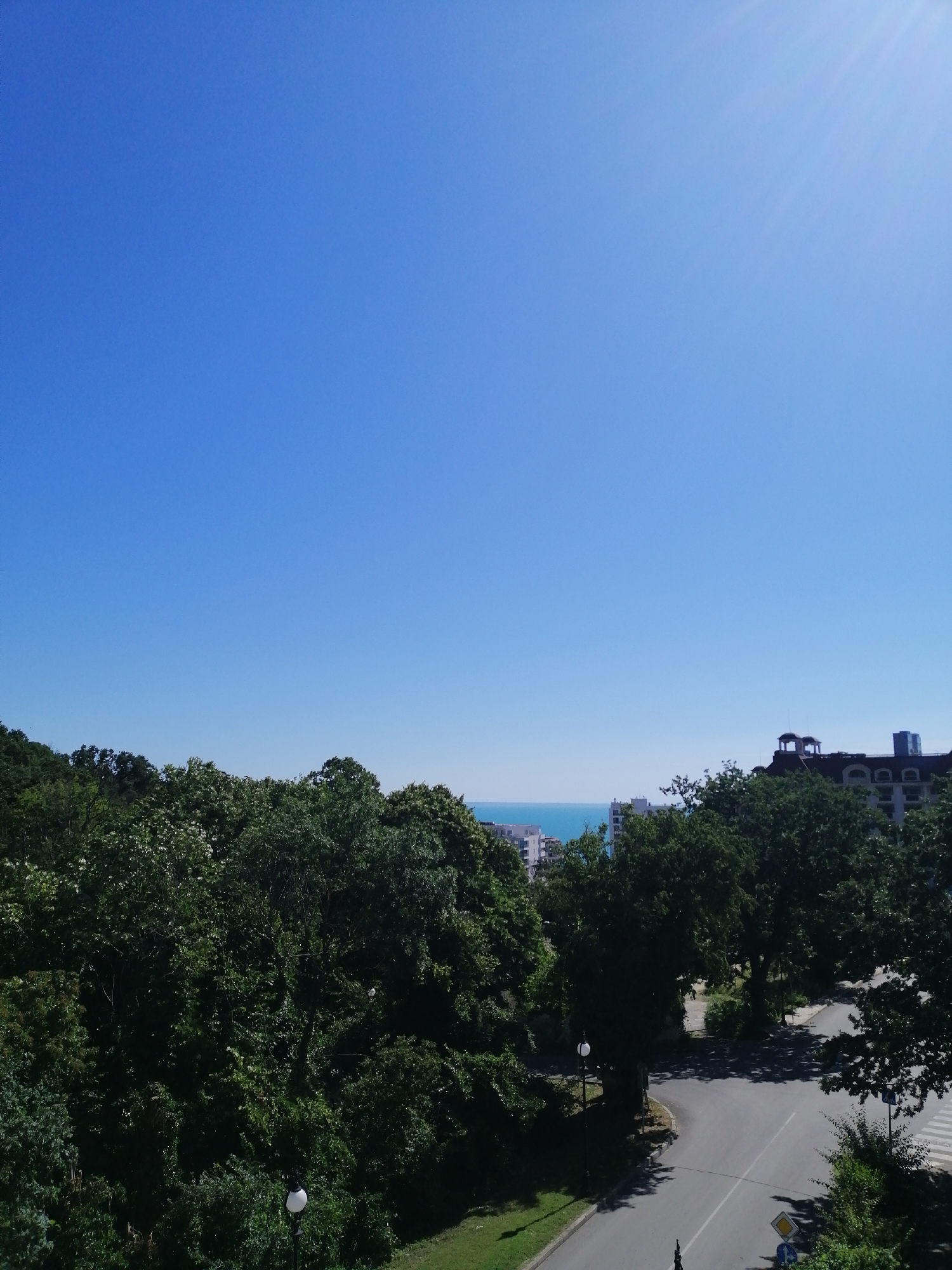This is an outdoor, eye-level shot of a city view in Varna, Bulgaria, under a clear blue sky with a bright sun, suggesting a warm, sunny day. The horizon is visible, showing a body of water that could be the Black Sea, with buildings on the distant shore. In the foreground, a dense canopy of lush green trees dominates the lower half of the image. A paved road winds through the trees, with a white line marking its center and a pedestrian crosswalk visible on the right side. Streetlights and traffic signs are also present. In the background, several buildings are visible, including a large building with distinct arched windows and a darker roof structure with domed elements, possibly a hotel or resort, and other modern white buildings. The scene depicts a blend of nature and urban development.