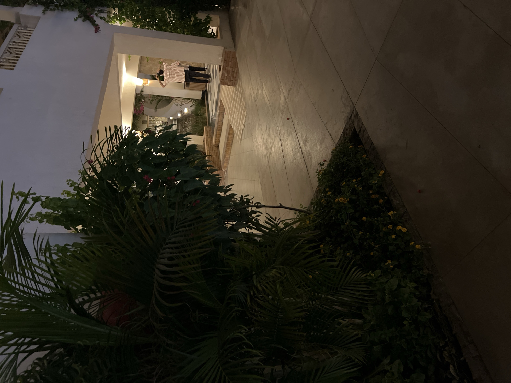 In an outdoor setting at night, likely in Sharm El Sheikh, Egypt, a paved walkway leads towards an open-air building structure with a white facade and an extended roof. Lush green foliage, including palm fronds and smaller plants with yellow flowers, borders the walkway and the building. Two individuals are visible within the covered area of the building. One person, facing away from the camera, is wearing a horizontally striped shirt in pink and white, dark pants, and appears to be adjusting their hair or clothing. Another person is partially visible behind them, also facing away. The ground surface is made of large, light-colored square tiles. Architectural details of the building include decorative railings on an upper level. Lighting fixtures within the building cast a warm glow, illuminating the pathway and the individuals.