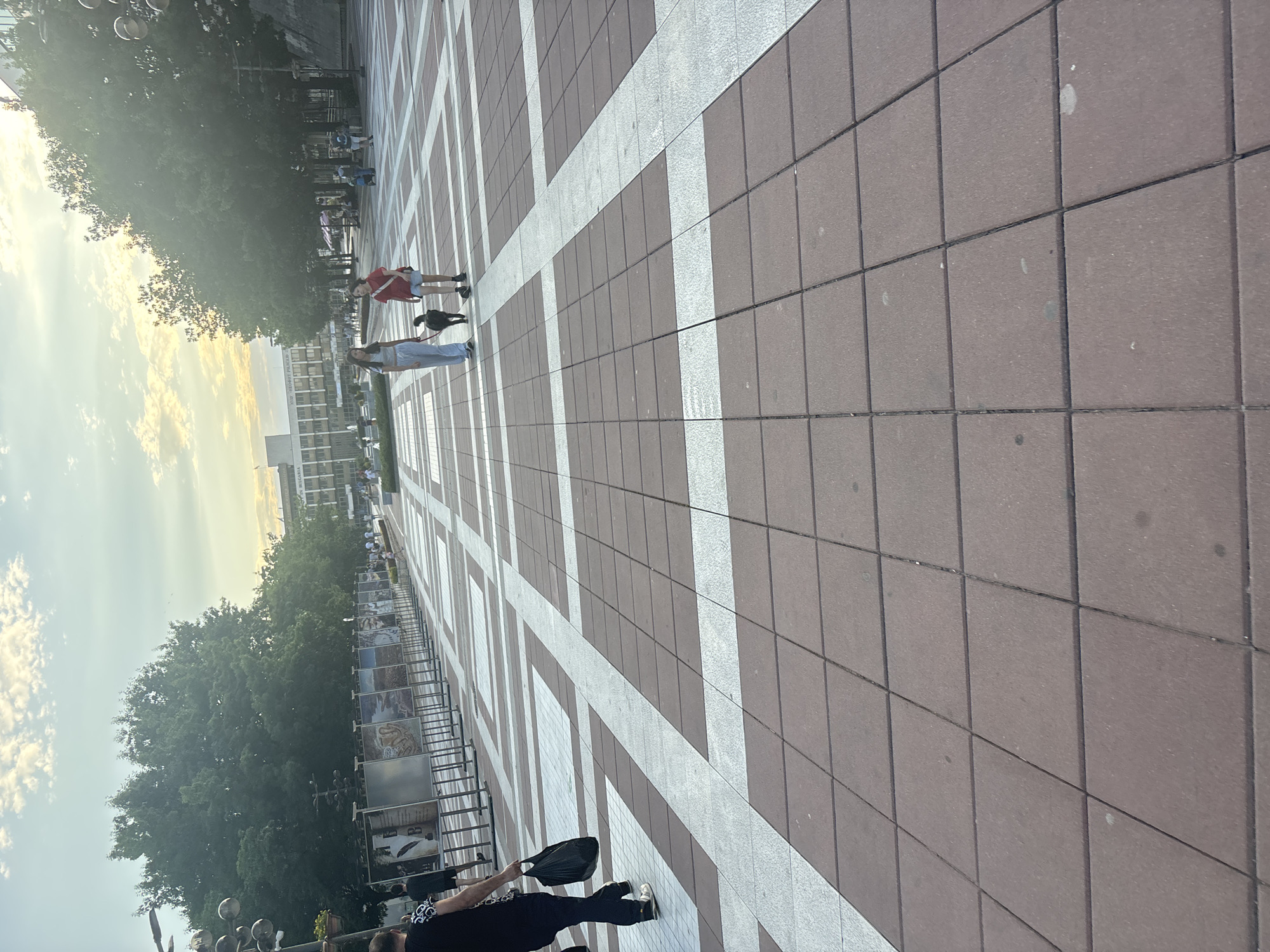 The image captures a wide-angle view of Macedonia Square in Blagoevgrad, Bulgaria, during the late afternoon or early evening, indicated by the warm, diffused sunlight and soft shadows. The ground is paved with reddish-brown and light grey/white square tiles, forming a distinct geometric pattern of interlocking squares and rectangular pathways.
In the immediate foreground, a person, partially visible from the waist down on the left, walks towards the left, carrying a black plastic bag in their left hand. They wear dark trousers and white sneakers with dark accents. Their upper body is partially obscured but shows a dark shirt with a light pattern on the shoulder.
In the mid-ground, slightly to the right of the center, two young females walk together towards the viewer's left. The female on the left wears light-colored, possibly striped, loose trousers and a light-colored top. The female on the right wears a red t-shirt, light-colored shorts, and dark athletic shoes, with a dark bag slung over her shoulder. Between them walks a medium-sized black dog.
On the left side of the square, a long row of outdoor exhibition stands displays various framed images or posters, suggesting a public art or information display. To the left and right, large, mature trees with dense green foliage line the square.
In the background, on the left, a prominent multi-story building, identified as the Regional Historical Museum of Blagoevgrad, displays text including "IN BULGARIA" and "РЕГИОНАЛЕН МУЗЕЙ" (Regional Museum) on its facade. Other buildings of similar architectural style are visible further into the background. Numerous other pedestrians are scattered across the square in the distance, engaging in various activities such as walking and sitting. The sky above is partly cloudy with patches of blue, illuminated by the low-angle sunlight, creating a bright haze in the upper right portion of the frame. Spherical street lamps are visible on the periphery.