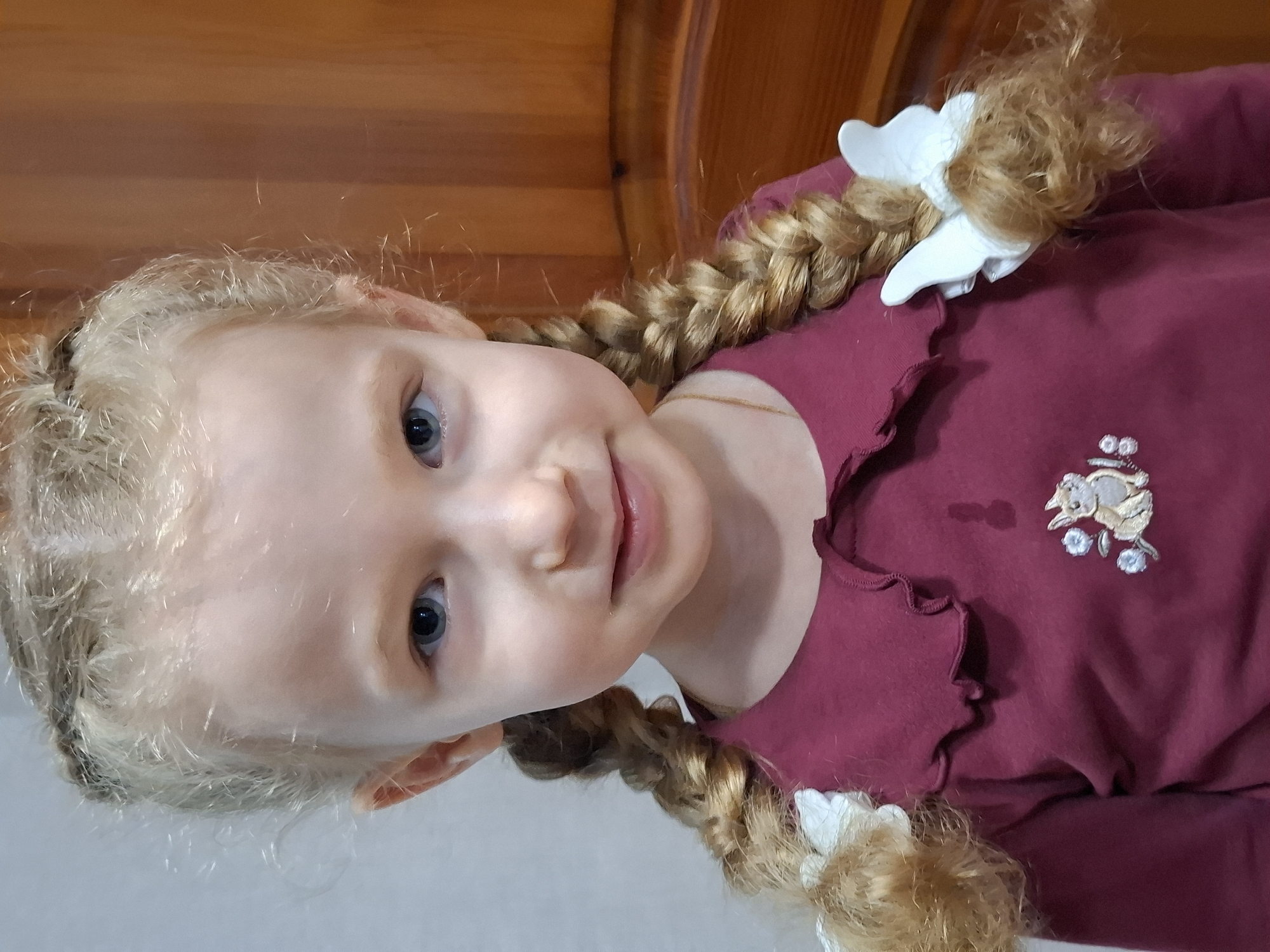 This image, taken in Chaikovsky, Russia, features a young child, likely a girl, with fair skin, bright blue eyes, and light blonde hair. Her hair is styled in two thick braids that extend over her shoulders, each adorned with a white, butterfly-shaped hair clip. She is wearing a long-sleeved, maroon-colored top with a ruffled neckline and cuffs. On the front of her shirt, there is a small embroidered design depicting an animal, possibly a rabbit or squirrel, alongside delicate flowers. A small, darker patch is visible on the fabric above the embroidery.
The child is looking directly at the camera with a soft, slightly smiling, and inquisitive expression. The background consists of a warm-toned wooden surface, which appears to be a door or paneled wall. The lighting is bright and even, indicating an indoor setting, likely during the daytime. The overall impression is one of calm and youth. No visible text is present in the image.