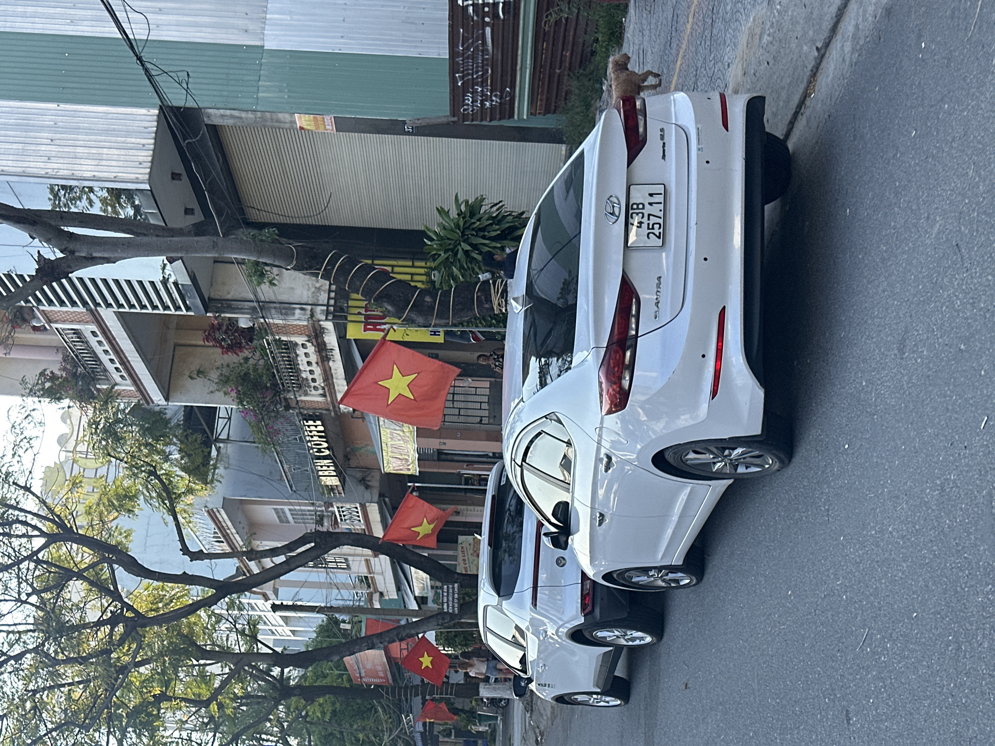 The image depicts a street scene in Da Nang, Vietnam. Parked along the side of the road are two white Hyundai Elantra sedans. The license plate of the lead car reads "43B 257.11". Red Vietnamese flags are displayed along the street. A small brown dog stands on the sidewalk behind the cars. Buildings line the street, including a business named "BEN COFFEE". Trees are present, with branches extending over the street. A sign reads "KHÔNG ĐỀU XE QUA" and "LN BỘ 57 XÂN CẢM ƠN CHẼ CÔ LIÊN".
