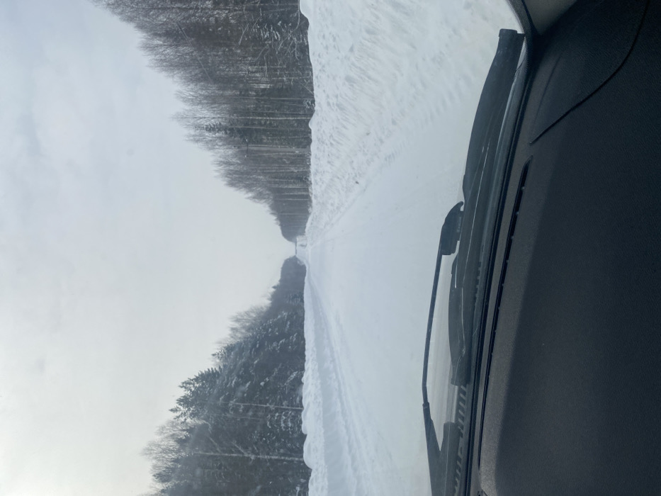 The image displays a snow-covered road in the area of Ошья, Russia, captured from the interior of a vehicle. The foreground shows a black dashboard and two dark windshield wipers resting on the windshield. The road, completely blanketed in white snow, extends straight into the distance, exhibiting visible tire tracks. Substantial banks of snow line both sides of the road. Dense forests border the road, consisting of snow-laden coniferous trees on the left and a mix of snow-covered coniferous and bare deciduous trees on the right. The sky is uniformly overcast and light grey, indicating winter conditions. No people or other vehicles are visible.