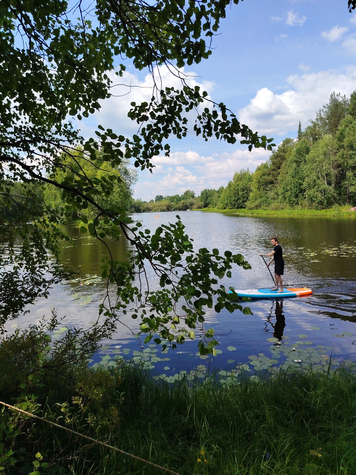 A man stands on a paddleboard in a calm lake, holding a paddle. He is wearing a black t-shirt and black shorts. The paddleboard is blue, white, and orange. Lily pads are visible on the surface of the water. Trees line the far bank of the lake, and the sky is blue with white clouds. The image appears to be taken in a natural setting, possibly a park or nature reserve. The location is specified as Vylytdor, Russia.