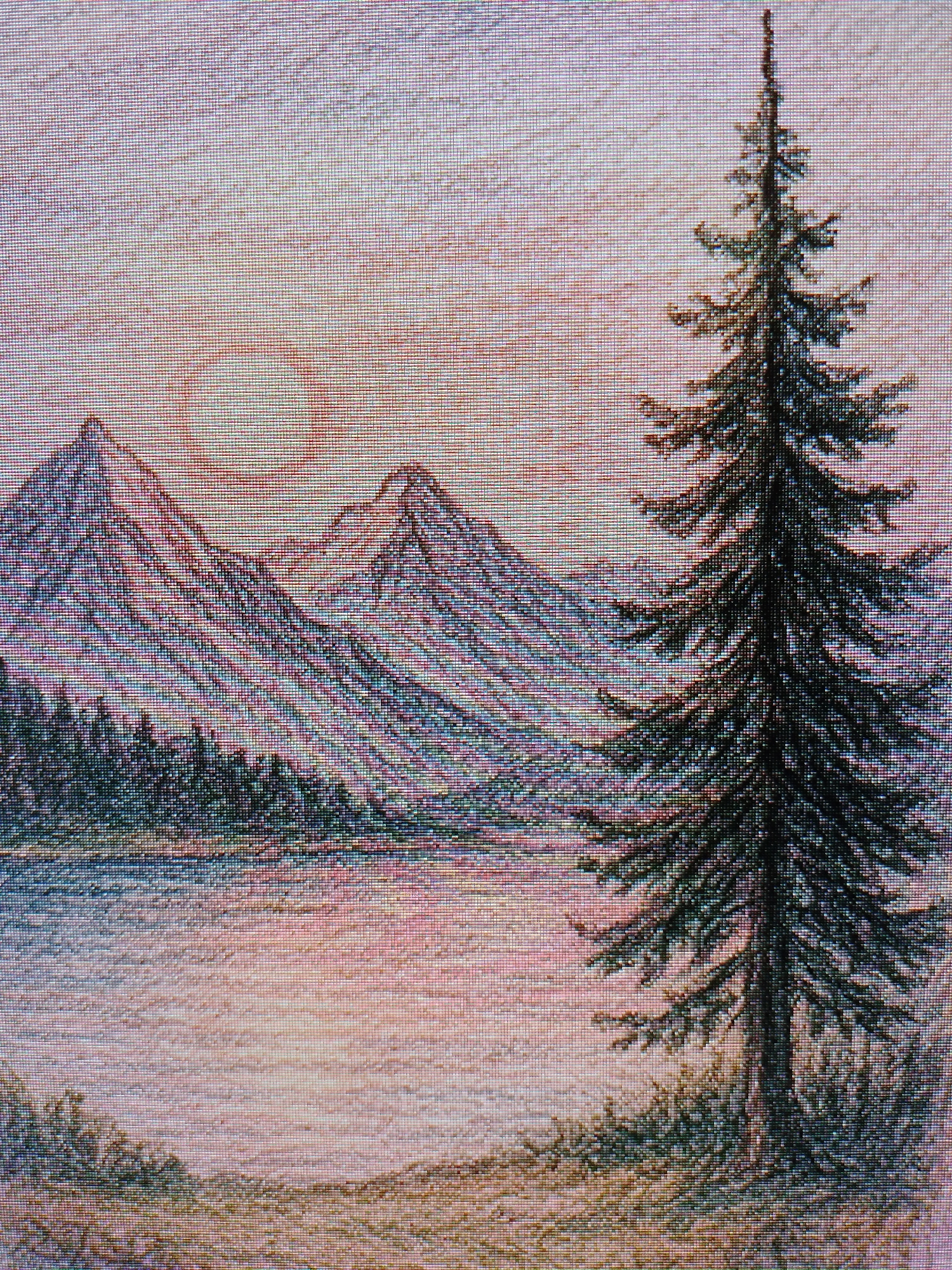 The image depicts a landscape scene with a lake, mountains, and a tall pine tree. The sun is setting or rising behind the mountains, casting a warm glow on the sky. The lake reflects the colors of the sky and mountains. The pine tree is located on the right side of the image, standing prominently in the foreground. The foreground also contains some ground vegetation.
The scene appears to be a natural landscape, likely in a mountainous or forested area. The city and location are not discernible from the image.