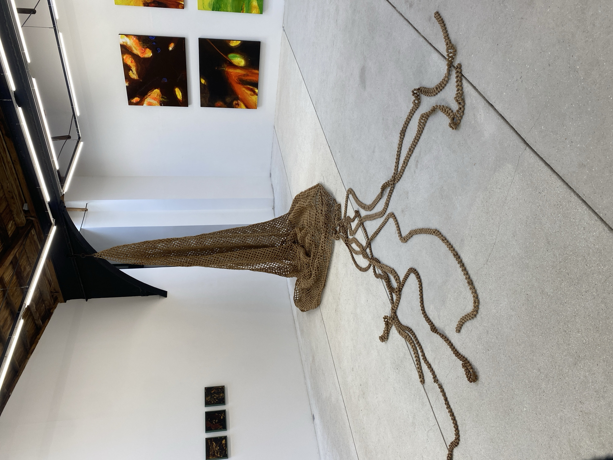 This image captures a bright, minimalist art gallery or exhibition space, likely located in Paris, France. The central focus is a large, intricate art installation suspended from the ceiling. This piece is made of a brownish-gold, open-weave material, possibly a net or macrame, forming a wide, conical shape near the ceiling before extending downwards. From its base, numerous long, organic strands, resembling beaded chains, flow outwards and spread across the light gray concrete floor.
The gallery features stark white walls that serve as a clean backdrop for other artworks. On the left wall (when correctly oriented), two larger abstract paintings depict luminous orange and yellow forms against a dark background, possibly suggesting fish or light refractions. Below them, two smaller, dark-toned abstract pieces are arranged vertically. Further back, on an adjacent wall, two more abstract paintings with vibrant green and yellow hues are visible.
The space is well-lit by modern, strip-like LED lights mounted along a dark, industrial-style beam running across the ceiling. The floor is composed of large, light gray concrete tiles, reinforcing the contemporary and minimalist aesthetic. No people are present in the image, emphasizing the art and the environment. There is no visible text.