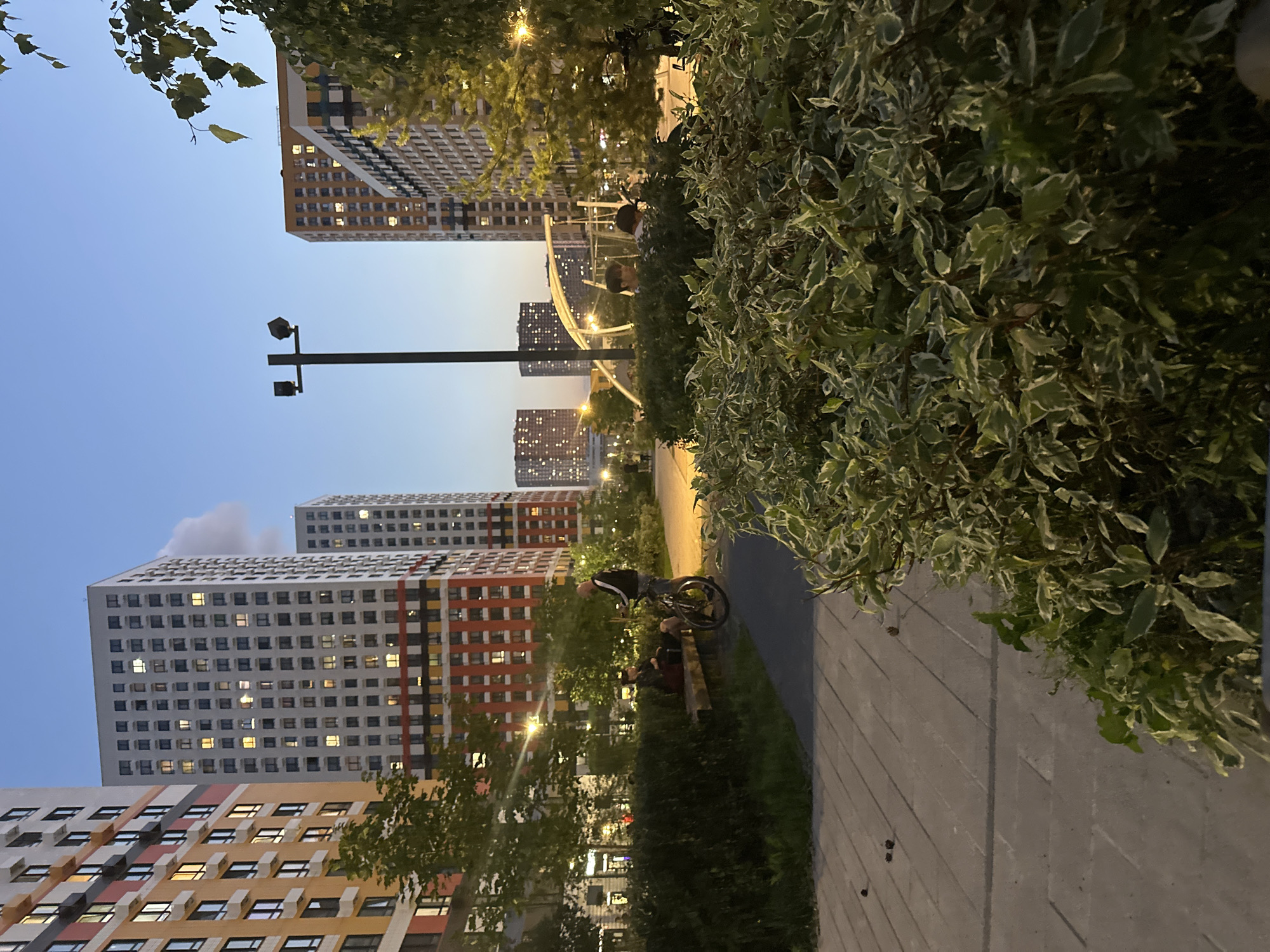 The image depicts a twilight scene in the city of Lyubertsy, Russia, specifically in the area of the Novaya Otradnaya residential complex. In the foreground, a pathway made of paving stones leads into the scene, bordered by lush green bushes with variegated leaves.
Further into the image, a wooden bench is occupied by two individuals, one appearing to be seated and the other in a more relaxed, reclining posture. A man stands beside a bicycle, seemingly engaged in conversation with the individuals on the bench. The bicycle is positioned on the pathway.
In the mid-ground, several modern residential buildings with illuminated windows dominate the skyline. These buildings feature a mix of colored facades, including yellow, white, and red. A lamppost with two lights stands prominently to the left of the frame. In the background, more buildings of varying heights are visible, suggesting an urban environment. The sky is a clear, pale blue, transitioning from the daylight hours. The overall impression is of a residential courtyard during the early evening.