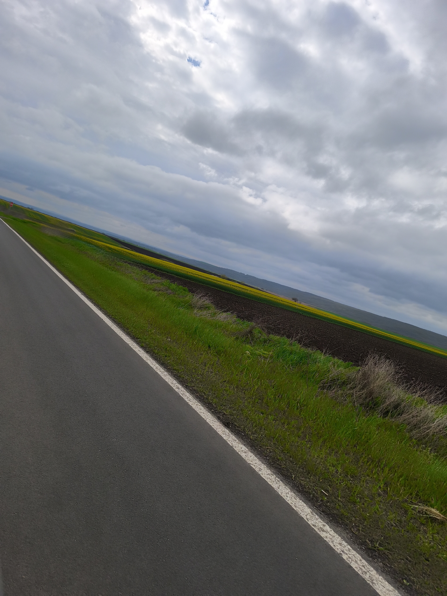 The image shows a rural landscape near Livada, Bulgaria. The foreground features an asphalt road with a white dividing line. Adjacent to the road is a strip of green vegetation transitioning into agricultural land. The fields are composed of dark soil and sections of yellow flowering crops, possibly rapeseed. The background reveals rolling hills under an overcast sky dominated by gray and white clouds. There are no people or animals visible. The overall scene suggests a typical Bulgarian countryside environment.