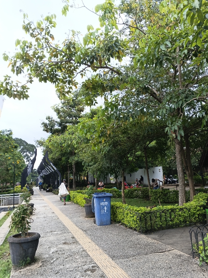 This image depicts a public park scene in Bien Hoa, Vietnam. The setting is daytime, under an overcast sky.
A wide, light-grey paved walkway, featuring a central yellow tactile paving strip, occupies the left side of the frame, receding into the background. To the immediate right of the walkway, a blue plastic wheeled trash bin, marked with white icons (a figure dropping trash, a recycling symbol) and Vietnamese text, is positioned next to a low, manicured green hedge.
In the midground, a person wearing dark clothing and carrying a white bag over their left shoulder walks away from the camera on the paved path. Further down the path, another individual is observed riding a bicycle. To the right of the walkway, a grassy area is populated by approximately 10 to 15 individuals, distributed in small groups. These individuals are seated on the ground or low chairs beneath the shade of mature trees with lush green foliage. Some appear to be conversing or consuming items. Behind these groups, several motorbikes are parked near indistinct white structures.
Along the left edge of the walkway, beyond a metal railing, potted plants are visible. In the background on the left, a series of tall, black, undulating architectural structures form a prominent visual element. The upper portion of the frame and the background are dominated by dense green tree canopies against a light, uniform sky.