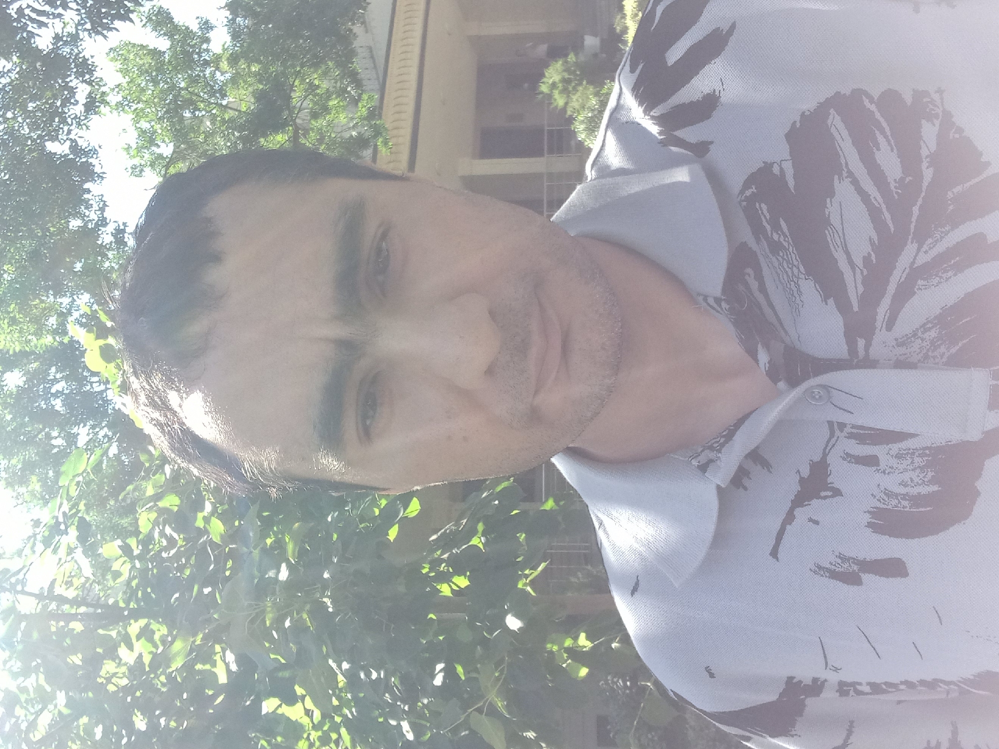 A medium shot selfie captures a man with dark hair and a light complexion, facing the camera directly. He is wearing a light blue polo shirt with a dark abstract pattern. The background suggests an outdoor setting with lush green trees, dappled sunlight filtering through the leaves, and a building with a distinctive architectural style, possibly a government building or a historic residence, in the distance. The overall lighting indicates a bright day. The man appears to be in his late 30s or early 40s. His expression is neutral. The photograph is taken from chest-up.