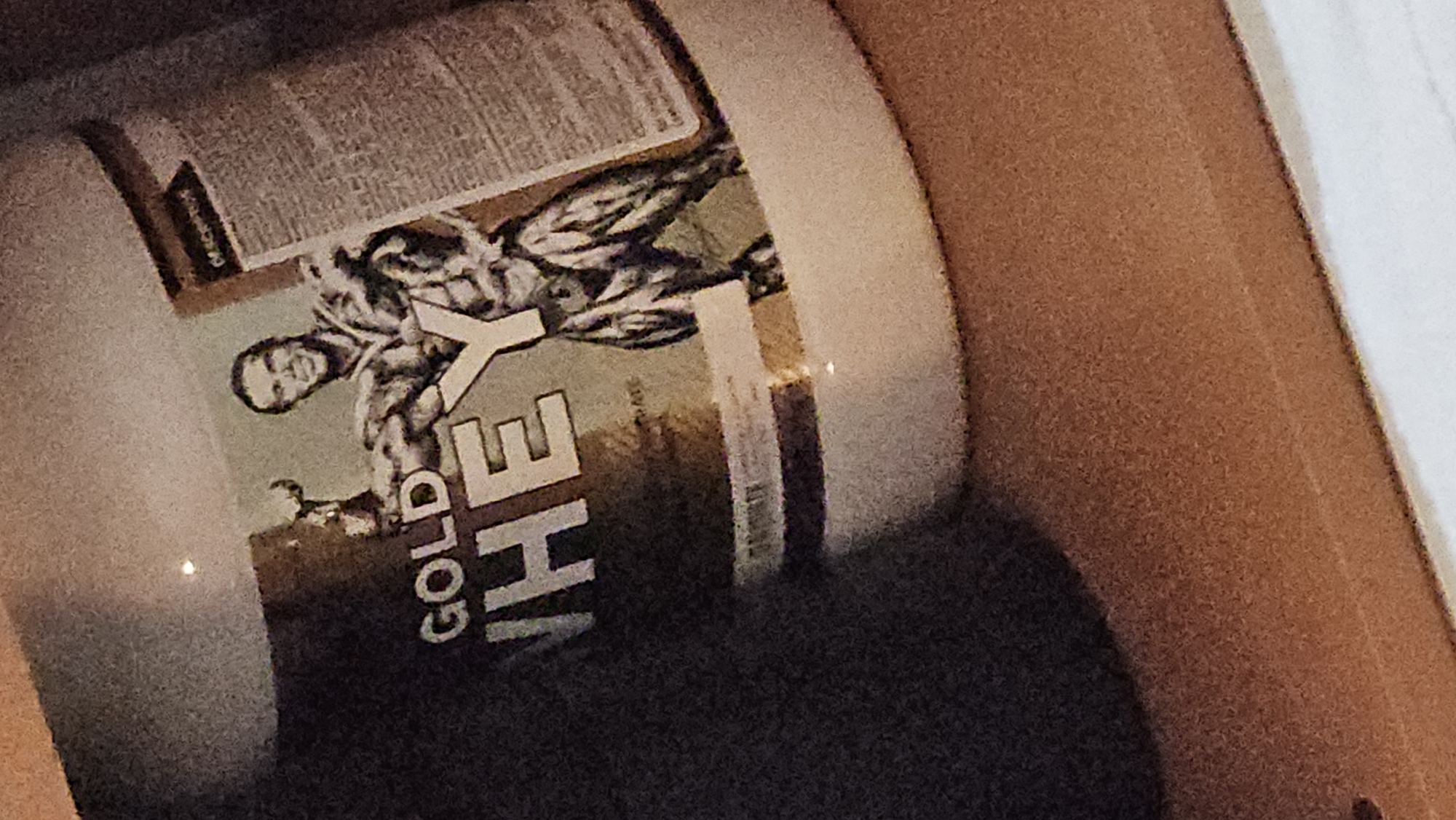 The image depicts a cylindrical container of "Gold Whey" protein powder, featuring a muscular figure on the label. The container is positioned within a brown receptacle or container, possibly a box or bag. The scene lacks discernible context regarding the location or any individuals present.