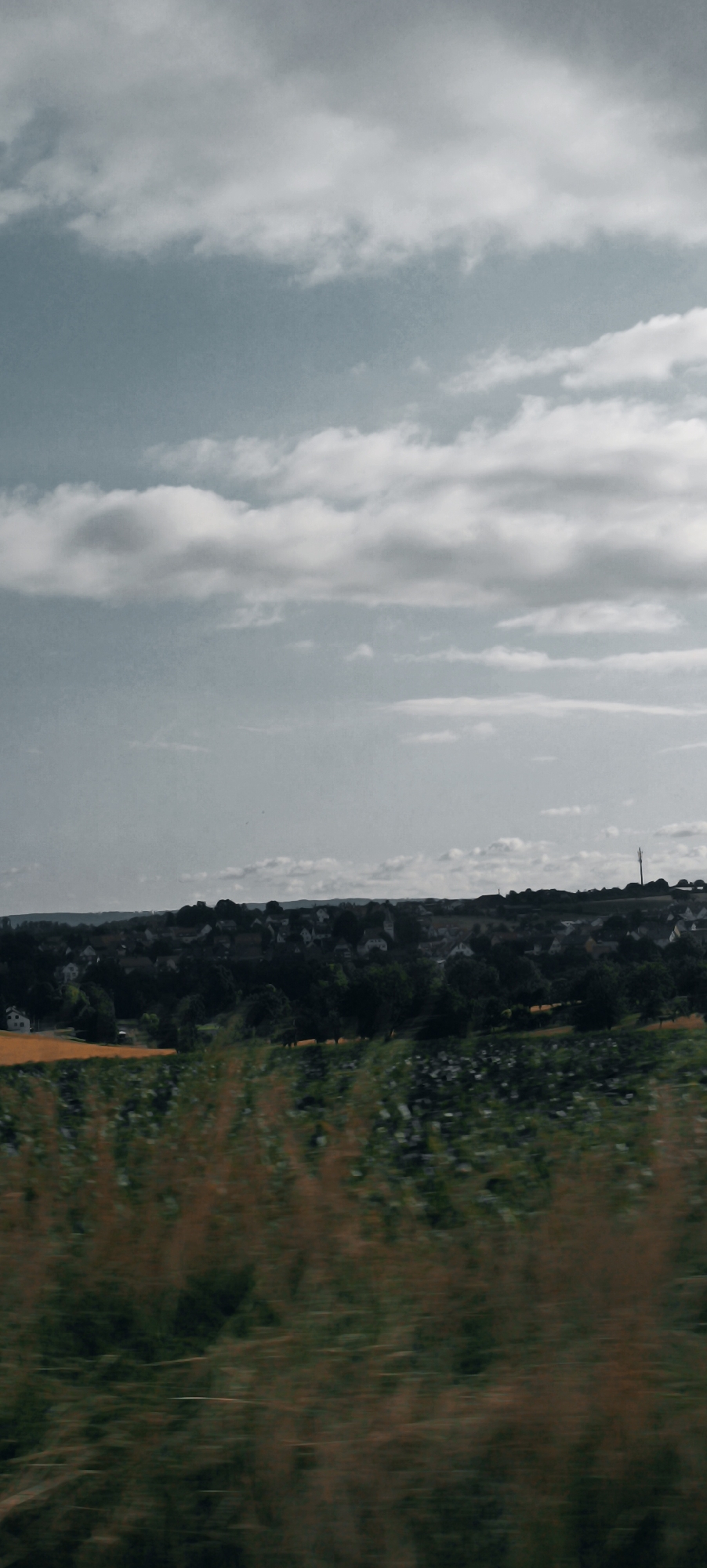 The image shows a landscape view from a moving vehicle, capturing a rural scene near Leutenbach, Germany. In the foreground, blurred green and brown vegetation is visible, indicating motion. Behind this, a dark green field stretches across the middle ground, with a strip of yellow crops to the left. Further back, a dense line of trees partially obscures a village with white-roofed houses nestled on a rolling hill. The sky is overcast with scattered clouds. On the far right of the horizon, a tall, thin tower, likely a radio mast, is visible against the cloudy sky.