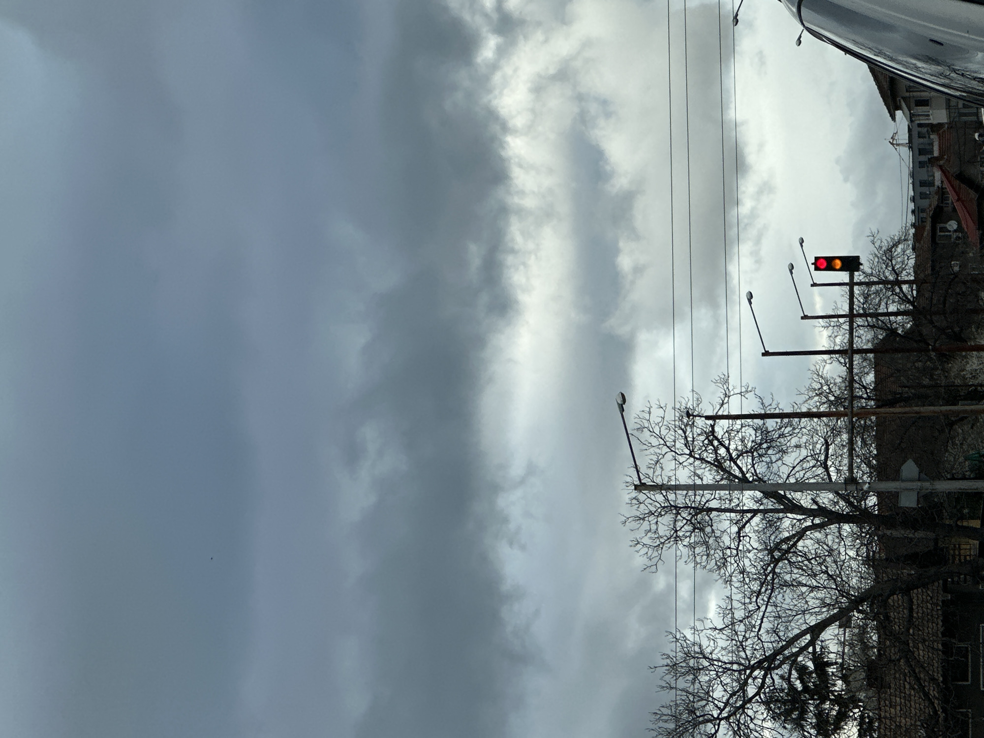 The image presents an overcast sky above what appears to be a residential street. The scene includes several utility poles and bare trees, which suggest it might be during the late fall or winter. A traffic light with a red light is visible. There is a building in the right background. The location is identified as Sofia, Bulgaria. No people are immediately visible in the frame.