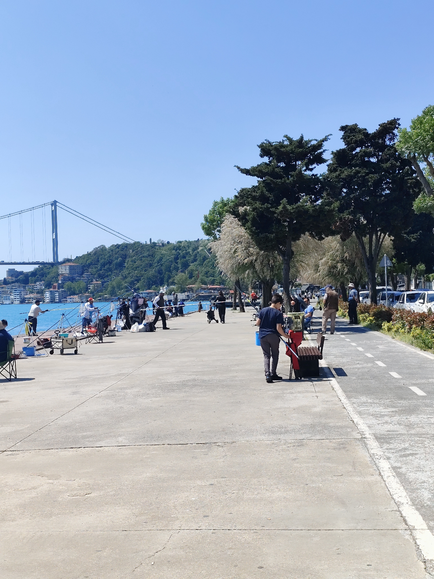 The image depicts a sunny, open outdoor space in Sarıyer, Turkey, specifically a concrete promenade along the Bosphorus Strait. In the background, the Fatih Sultan Mehmet Bridge is visible.
People are the primary subjects of the image. A group of individuals, mostly men, are fishing along the water's edge. They are equipped with fishing rods, chairs, and other fishing gear. Further along the promenade, people are walking, standing, or sitting on benches. One person is pulling a cart with fishing equipment.
The environment features a clear blue sky and blue-green water. Trees line the promenade, providing shade. A bike lane is marked with white dashed lines. Parked cars are visible in the background alongside a road. The scene appears to be a public space used for leisure activities.
