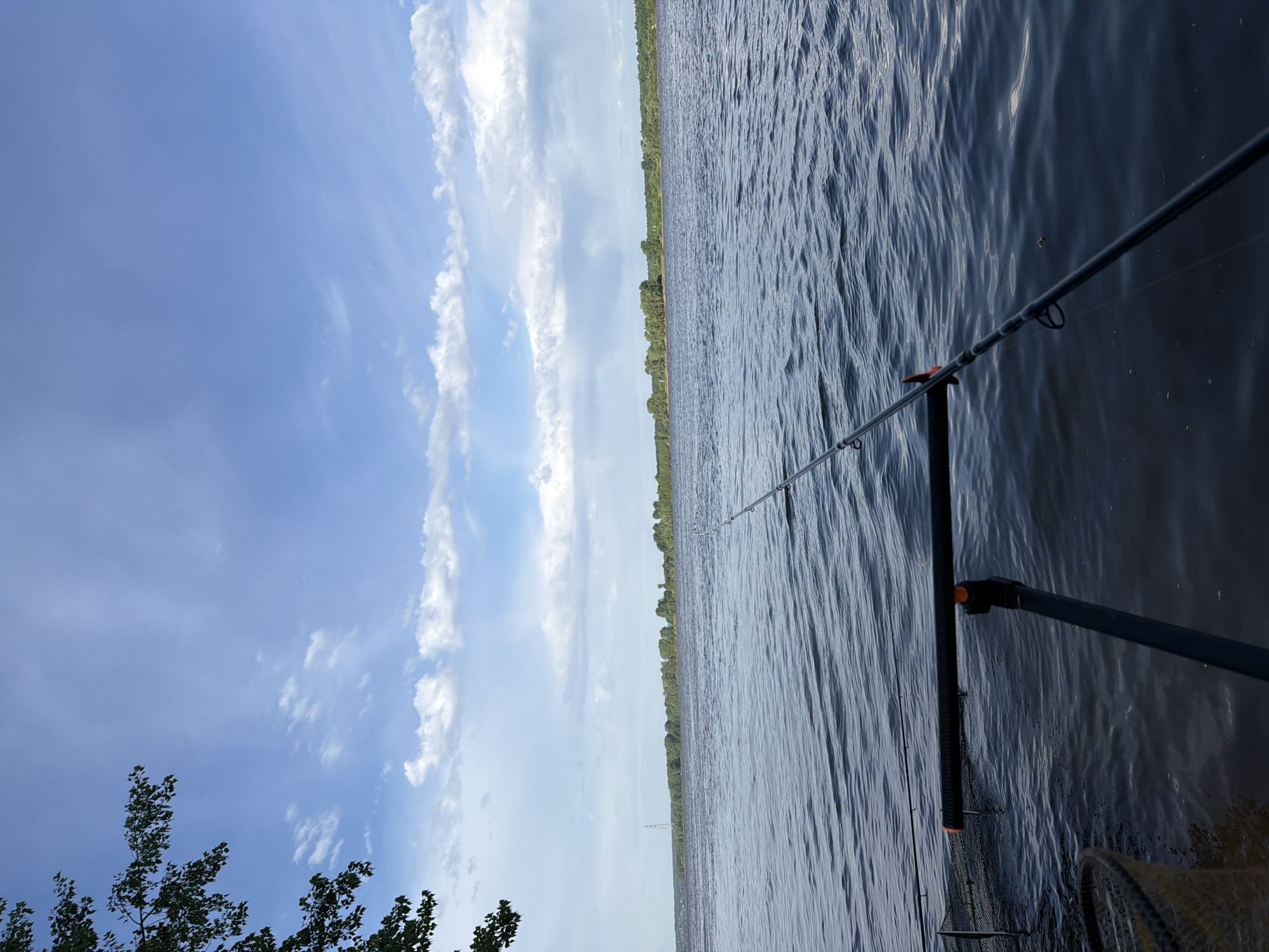 The image depicts a body of water, likely a river or lake, with a line of trees visible in the distance. A fishing rod is positioned in the foreground, extending over the water. The sky above is blue with scattered clouds. The location is likely Chaikovsky, Russia. The fishing rod is actively being used with the line cast into the water. A net appears in the lower right.