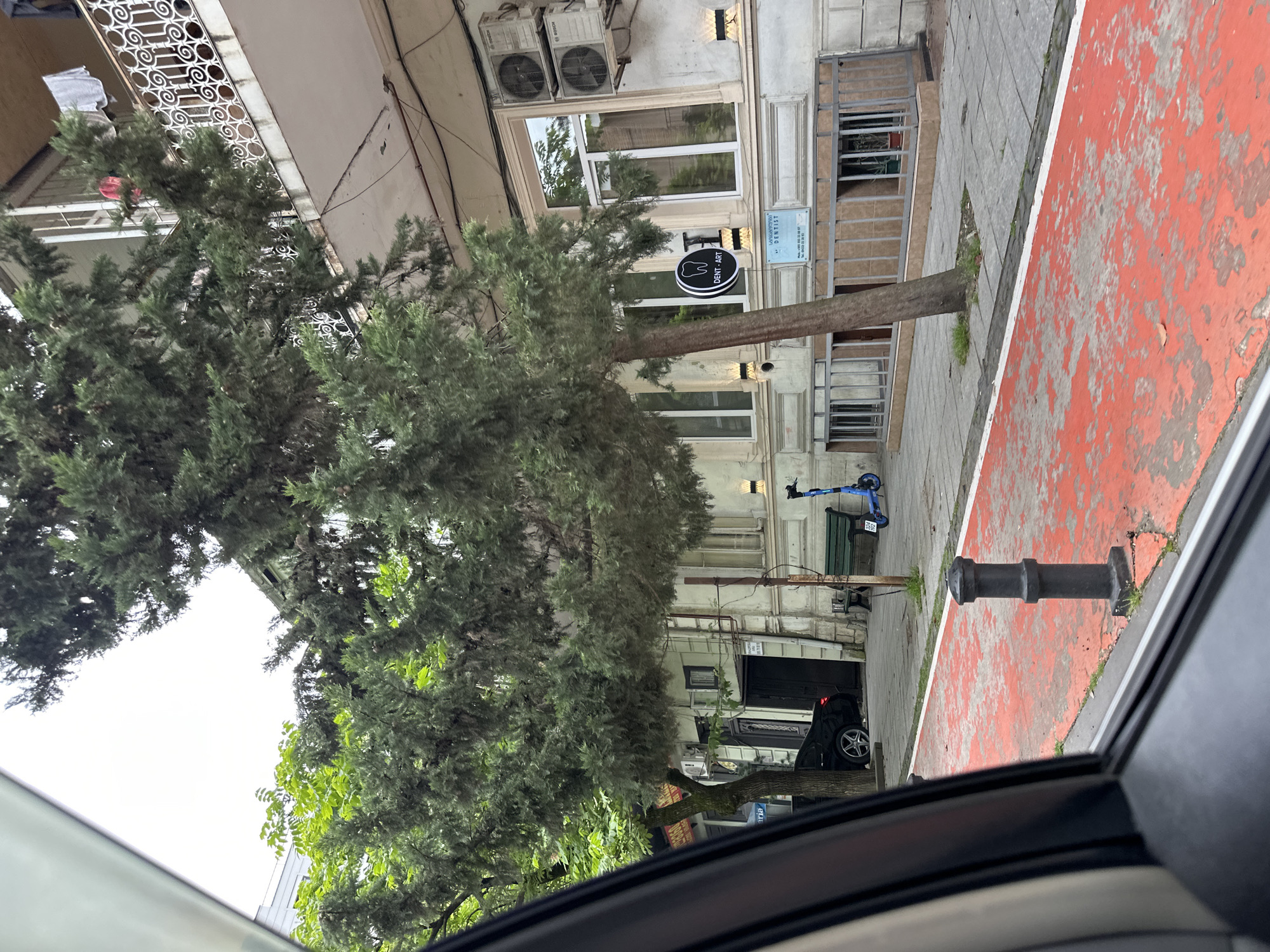 The image shows a street scene in Batumi, Georgia, viewed from inside a vehicle. The camera's angle is slightly skewed. The primary subjects are the street, a building facade, and a large tree obscuring much of the view. The building has light-colored walls, multiple windows, and at least one air conditioning unit. A sign for "DENT ART" is visible. A scooter is parked near the building. The sidewalk is partially red, possibly indicating a pedestrian zone. A black bollard is visible near the vehicle's window. A black car is partially visible.