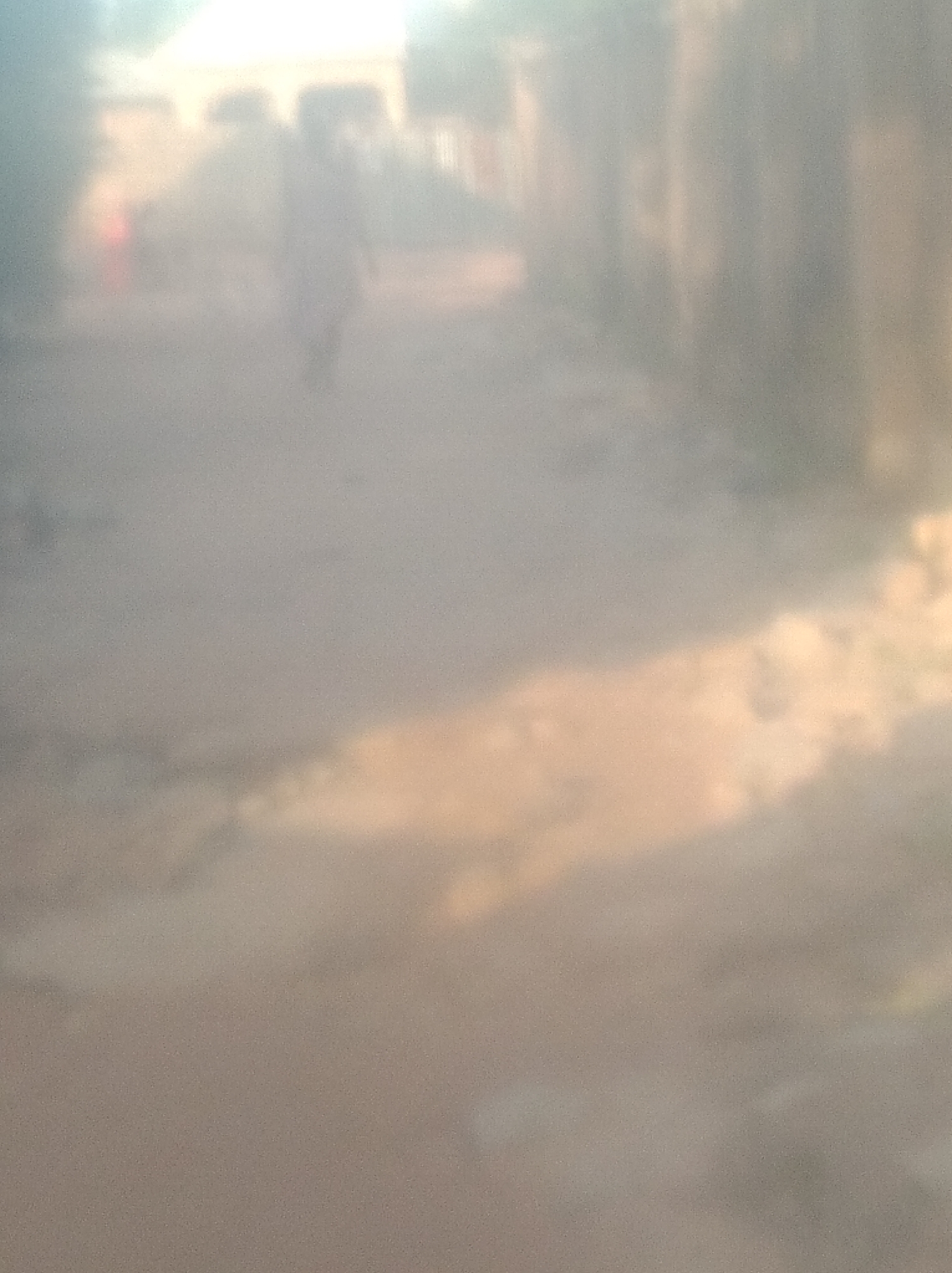 The image depicts a blurred street scene, possibly in Jalingo, Nigeria. In the background, a person is visible walking away from the camera. The environment appears to be an outdoor, dusty or unpaved area, with structures lining the sides of the path. The lighting suggests it could be late afternoon or early morning, with sunlight casting warm hues on the ground. The overall impression is one of a quiet, possibly rural or semi-urban setting.