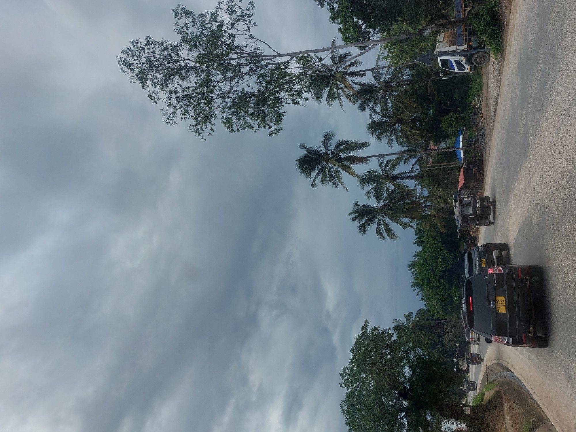 The image shows a street scene in Dar es-Salaam, Tanzania, recognizable by the presence of palm trees and a variety of vehicles commonly found in the area. The sky is overcast with a dense cloud cover. The road appears to be paved and has a slight curve. Cars and three-wheeled vehicles (tuk-tuks) are lined along the side of the road. The presence of vegetation, including trees and foliage along the roadside, suggests a suburban or peri-urban environment. At least one large commercial vehicle (possibly a truck) is also visible. The angle of the photo suggests it was taken from a standing position along the roadside.