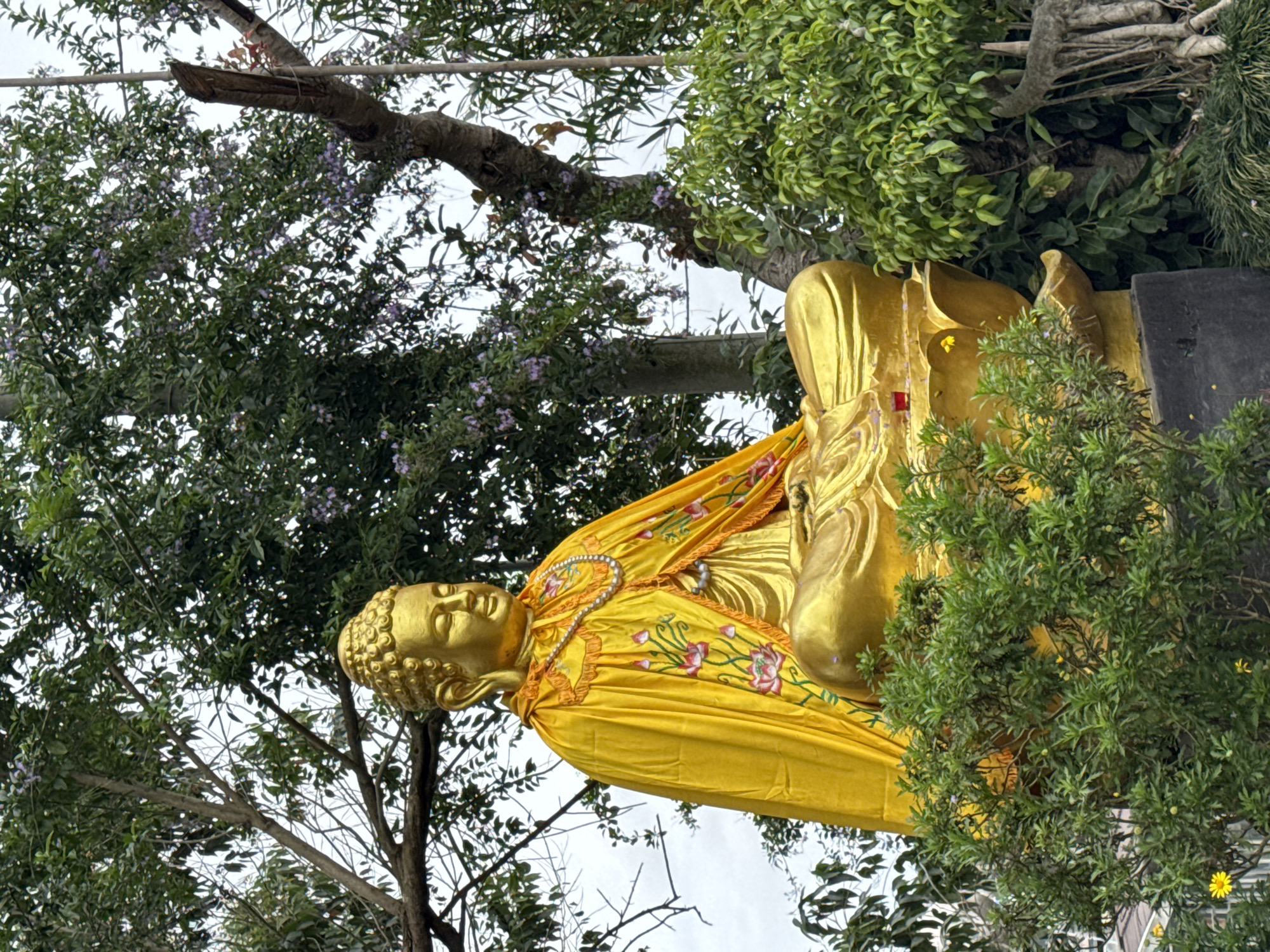 The image depicts a golden Buddha statue located in the city of Lâm Viên - Đà Lạt, Vietnam. The statue is adorned with a yellow robe decorated with floral patterns. The statue is seated in a meditative pose amidst lush green vegetation and trees. The sky is visible in the background.