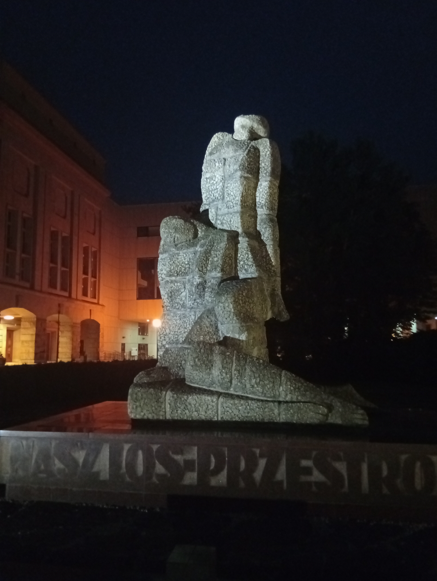 The image shows a nighttime view of the "Monument to the Victims of the Wroclaw Siege" located in Wroclaw, Poland. The monument, made of rough-hewn stone, depicts two figures in a huddled, distressed posture. The taller figure stands, leaning forward with its head bowed, while a shorter figure kneels before it, arms wrapped around its legs. Both figures have blocky, abstract features.
In the background, a building with a modern facade, illuminated by warm artificial lights, is visible. Arched entrances and rows of windows are apparent. The sky above is a deep, dark blue, characteristic of a night sky. The base of the monument features engraved text, partially legible due to the low light and angle, appearing to spell out "WASZYCH PRZESTRON". The surrounding area is dark, suggesting an outdoor public space with some landscaping or shrubbery present. The overall lighting is dim, with the primary illumination coming from the building and artificial lights within the scene.