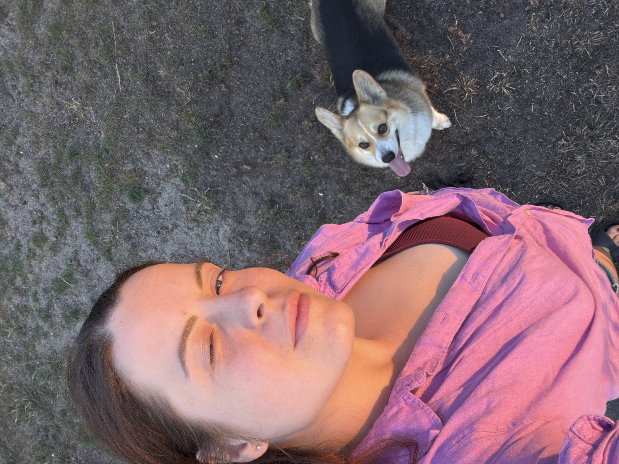 A high-angle medium shot captures a woman and a Corgi dog outdoors. The woman, on the left, is partially visible from the chest up, wearing a pink collared shirt over a reddish-brown top and a diamond stud earring. She has brown hair and is winking, with warm sunlight illuminating her face. The Corgi, positioned to the right and slightly below the woman, is seen from a top-down perspective, with its mouth open and tongue out, panting. The ground is covered with dry grass and dirt. The scene is set in a grassy area, possibly a park or field, in Gangloff, Germany.