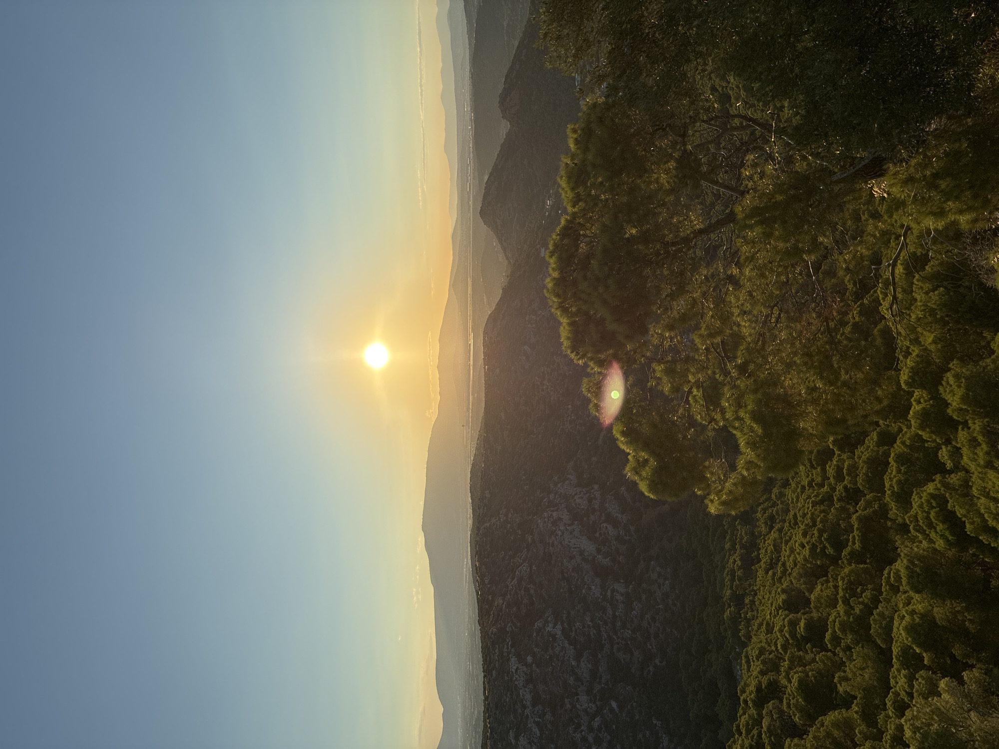 This is an outdoor, vertical, eye-level shot of a landscape at sunset. The sun is a bright orb in the upper center of the frame, casting a golden glow over the scene. The sky transitions from a pale blue at the top to a soft yellow near the horizon. In the foreground, pine trees with dark green foliage are visible, with branches extending into the frame. Below the trees, a mountainous terrain is covered in dense, dark green vegetation. In the distance, rolling hills and mountains recede into the haze. A city or town is faintly visible in the far distance, nestled between the mountains. The overall impression is one of natural beauty and tranquility. The location is identified as Limenas Markopoulou, Greece.