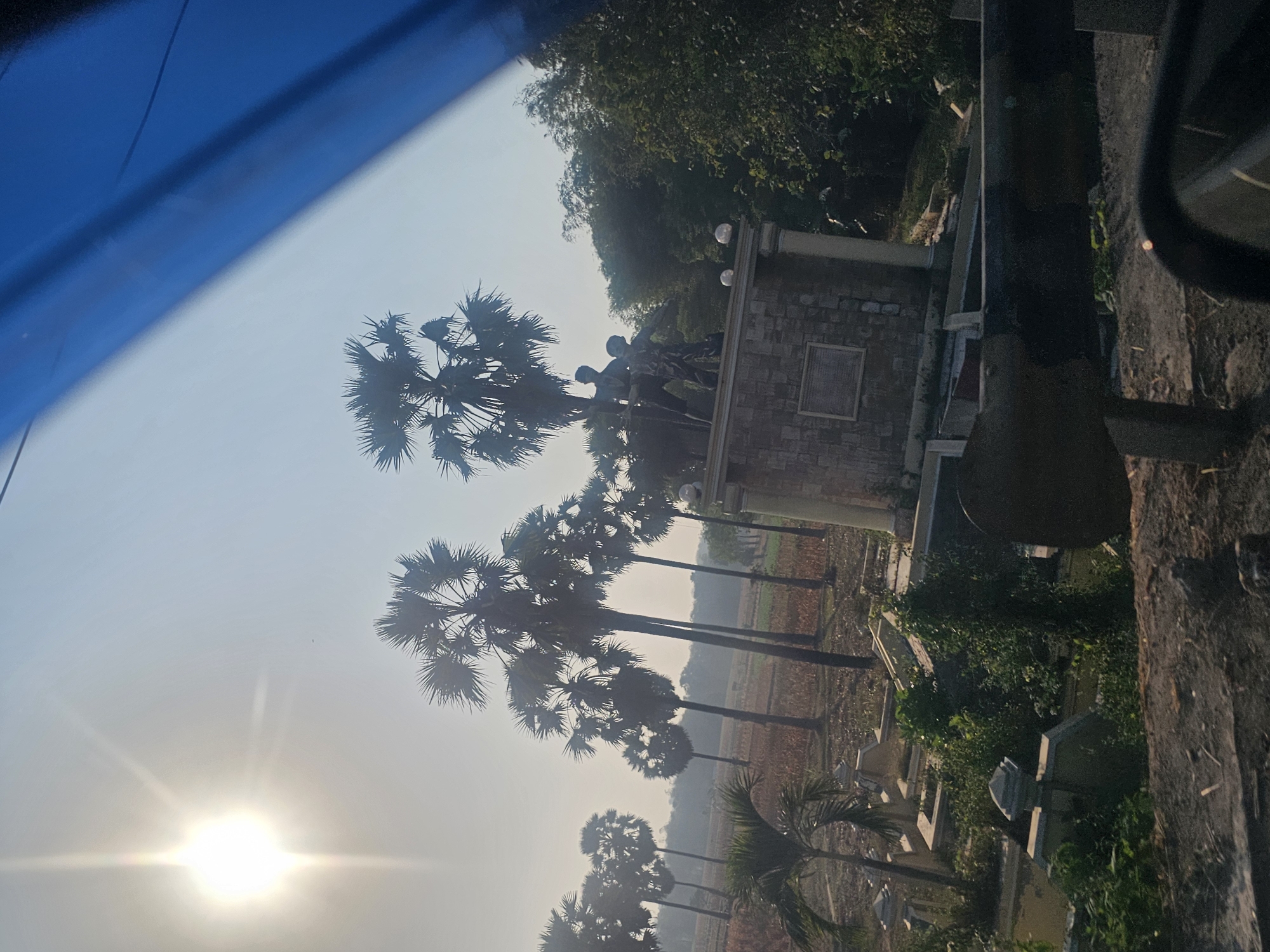 The image depicts a sunny day with palm trees and a monument in the foreground. The monument appears to be made of stone and features sculptures of people. In the background, there are fields and more palm trees. A portion of a blue tarp or awning is visible in the upper right corner, suggesting the photo was taken from inside a vehicle or under some kind of shelter. The sky is clear and bright, indicating fair weather. The scene conveys a sense of rural or semi-rural landscape.