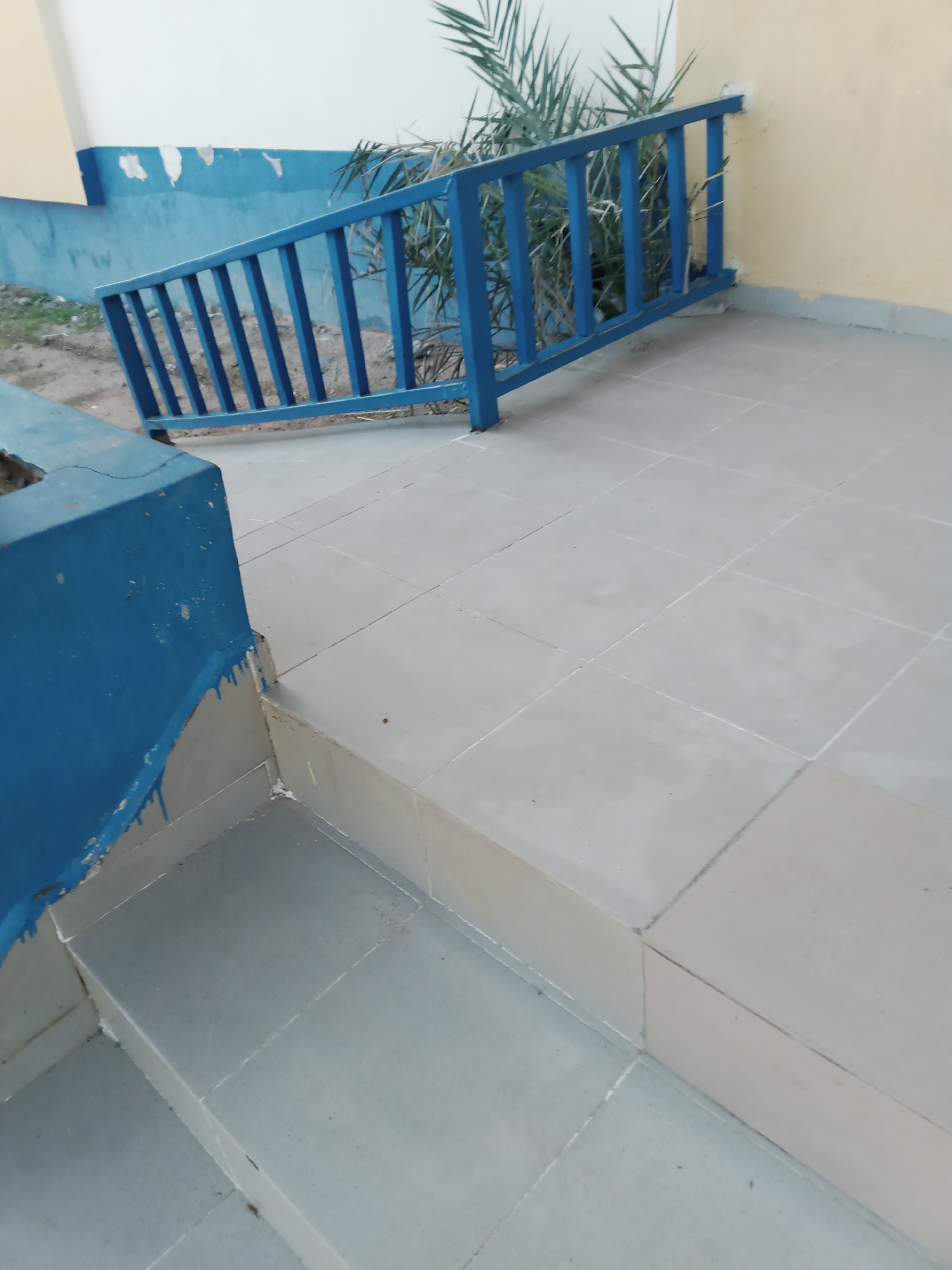 The image depicts an outdoor scene, likely in Jalingo, Nigeria, featuring a blue metal railing leading up a tiled staircase. The railing is composed of vertical bars and a horizontal top rail, painted a vibrant blue. To the left of the railing, a portion of a blue concrete structure is visible, showing signs of wear and some paint drips. Behind the railing, greenery from a plant, possibly a palm, is present. The ground is covered in light-colored square tiles, which also make up the steps of the staircase. The wall behind the railing is painted in two distinct sections: a lower section in blue with some peeling paint, and an upper section in a pale yellow. The overall impression is of an exterior area, possibly a public space or the entrance to a building. There are no people or animals visible in the image, nor are there any discernible actions or interactions taking place. The lighting suggests it is daytime, and the environment appears to be relatively dry.