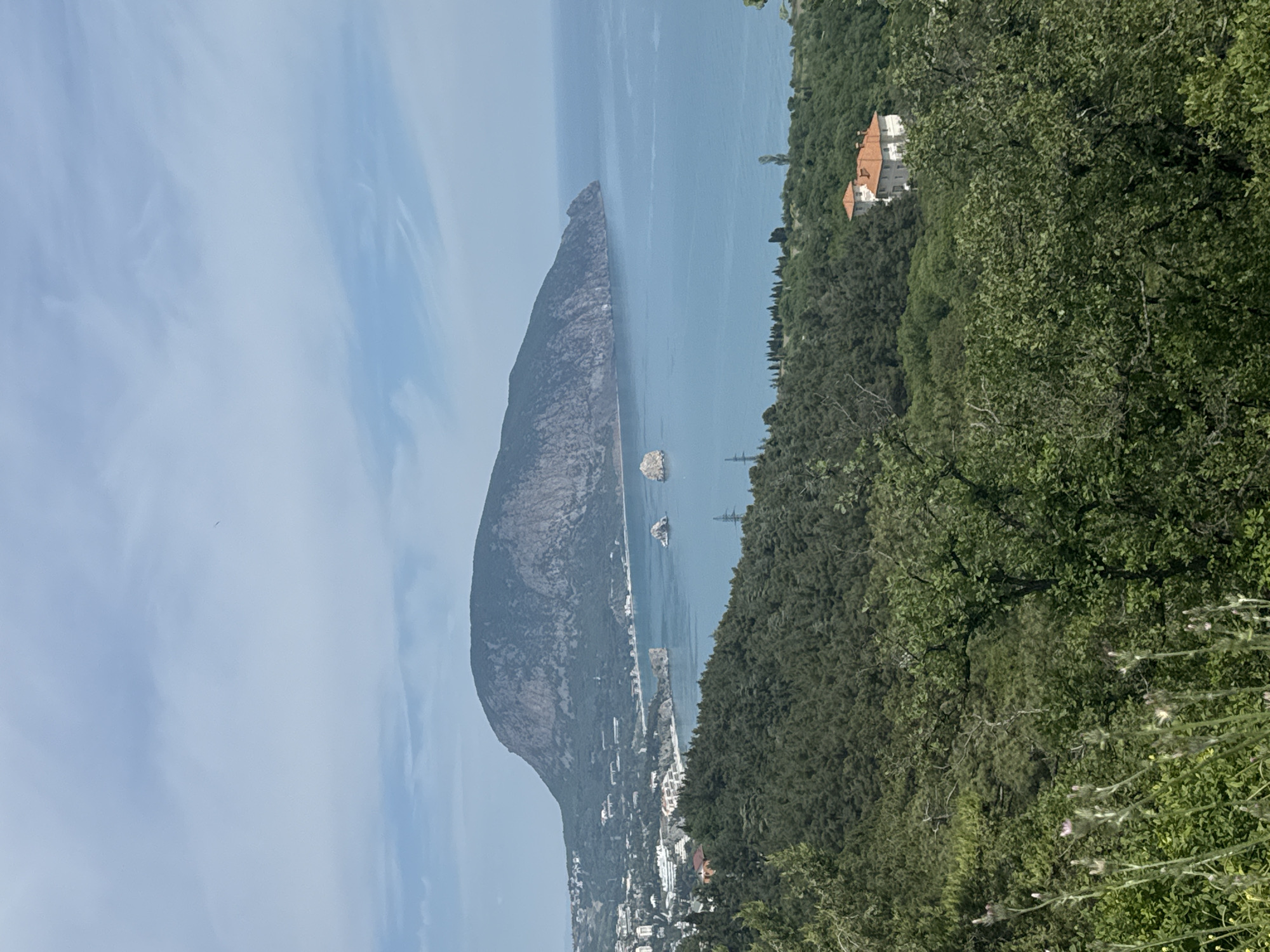 This is a scenic shot taken from an elevated vantage point, showcasing a dramatic landscape in the city of Гурзуфский поселковый совет, Ukraine. A large, dark gray mountain dominates the left side of the frame, descending towards a coastal area with white buildings and infrastructure, presumably a town or resort. The mountain appears to be adjacent to a body of water, likely the sea, where small, rocky formations or islands are visible.
On the right, a dense expanse of green trees and vegetation forms a thick forest or hillside. A building with a red-tiled roof can be seen nestled among the trees, suggesting a residential area. The sky is a pale blue with subtle cloud formations. The overall lighting suggests a bright, sunny day.