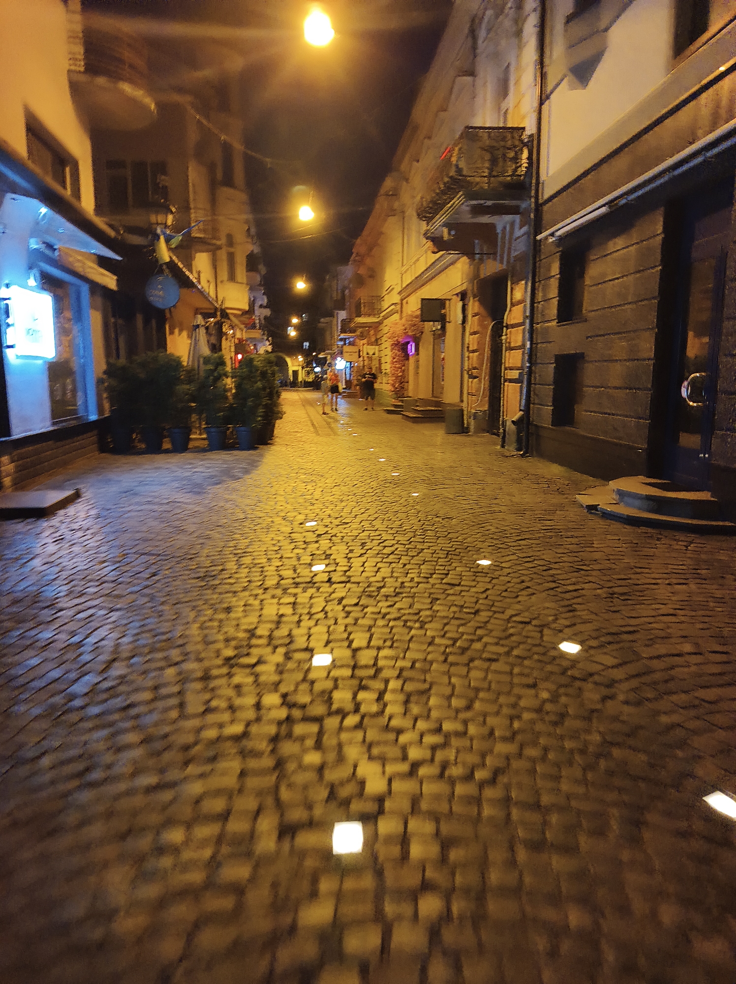 The image captures a nighttime street scene in Ternopil, Ukraine. The street is paved with cobblestones, and several small, square lights are embedded in the pavement, illuminating the ground. On the left side of the street, there are buildings with shops and businesses. One shop has a blue illuminated sign and an awning. Further down the street on the left, several potted plants are arranged. On the right side, there are buildings with balconies and windows. A few people are visible walking along the street in the distance. The overall impression is of a quiet, atmospheric European street at night.