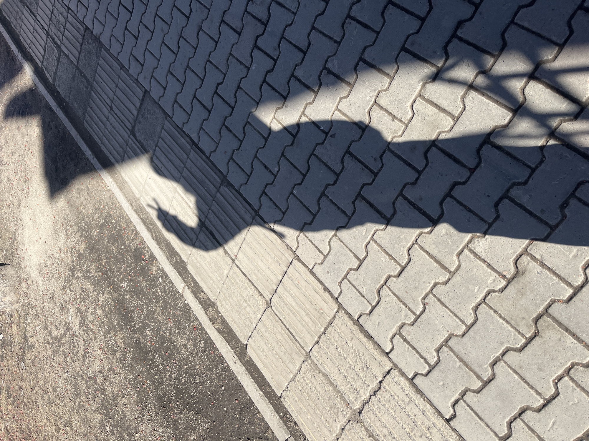 The image shows a section of a paved street in what may be Krasnoyarsk, Russia. The street features interlocking concrete pavers and a curb separating it from what appears to be a lower sidewalk or gutter area. The pavers are laid in a herringbone pattern. A shadow is cast across the pavers, appearing to be that of a structure of some sort with details of hand gesturing peace. The scene is brightly lit. There are no people visible, except for the shadow cast on the pavers.
