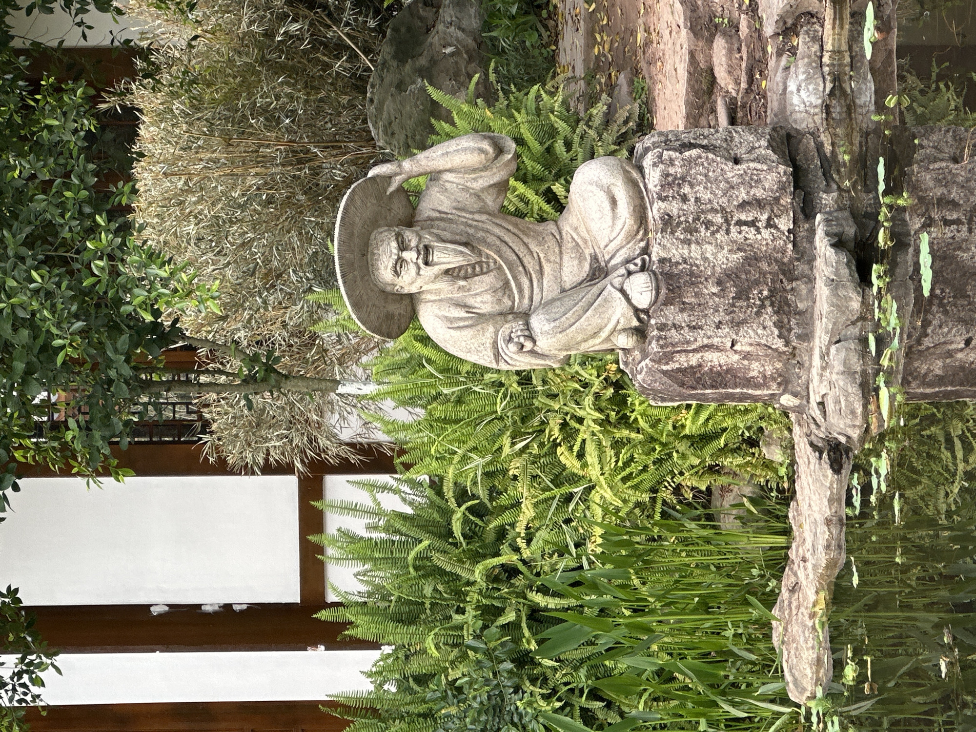The image depicts a stone statue of an elderly man wearing a traditional conical hat, seated in a cross-legged position on a stone structure. The statue is located within a garden setting, surrounded by lush greenery including ferns and other plants. A body of water is also visible. The location is Liangjiang, China.