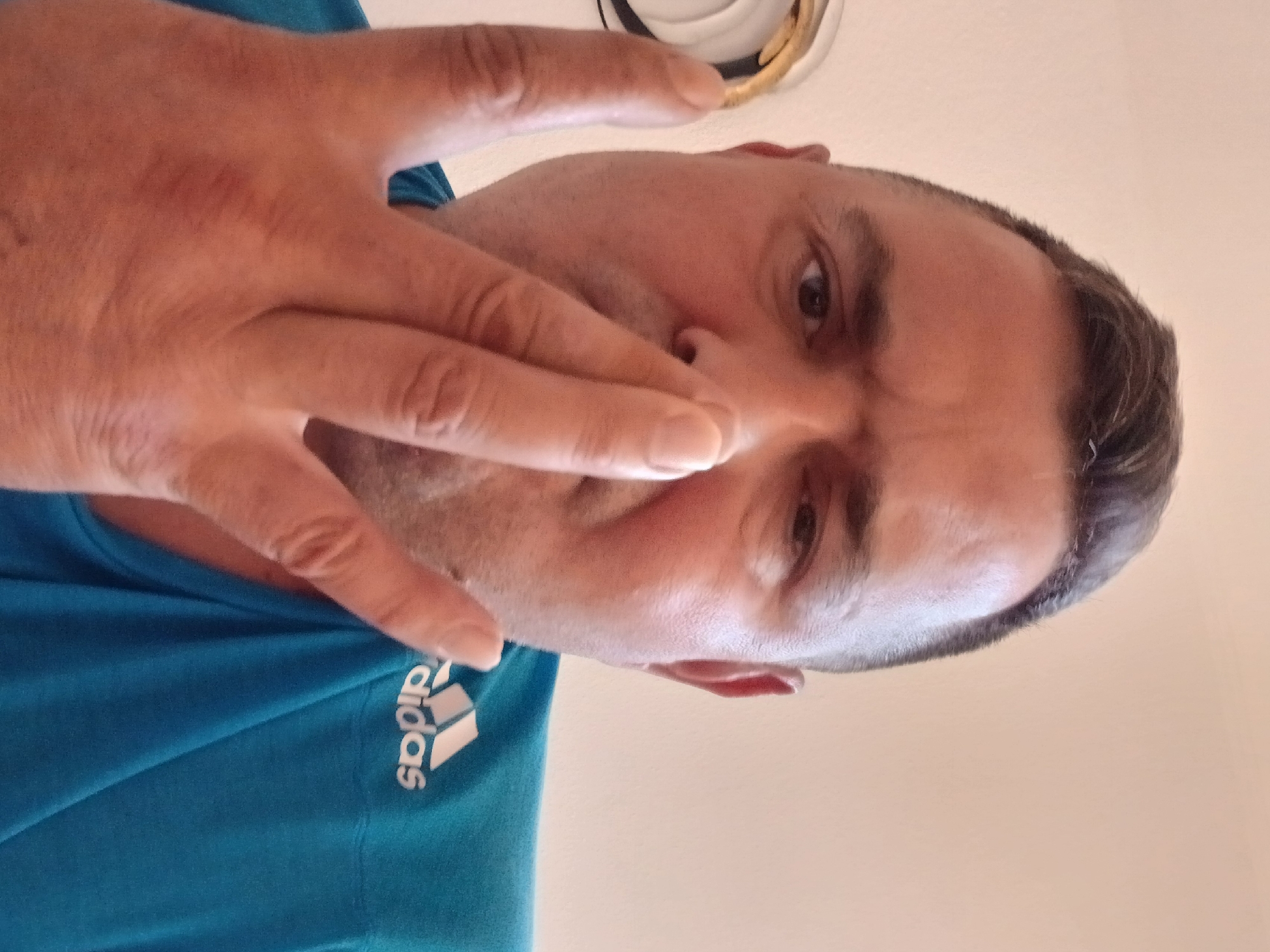 A man with dark hair and a light complexion is pictured in a close-up, head-and-shoulders shot. He is wearing a turquoise t-shirt with a white Adidas logo on the left chest. His right hand is raised to his face, with his index and middle fingers extended, and his thumb bent. He appears to be making a "rock on" hand gesture. His expression is neutral. The background is a plain, light-colored wall. The image is taken indoors, likely in a residential setting. The provided location of Pfarrkirchen, Germany, is noted, though the image itself does not contain any specific visual cues to confirm this location.