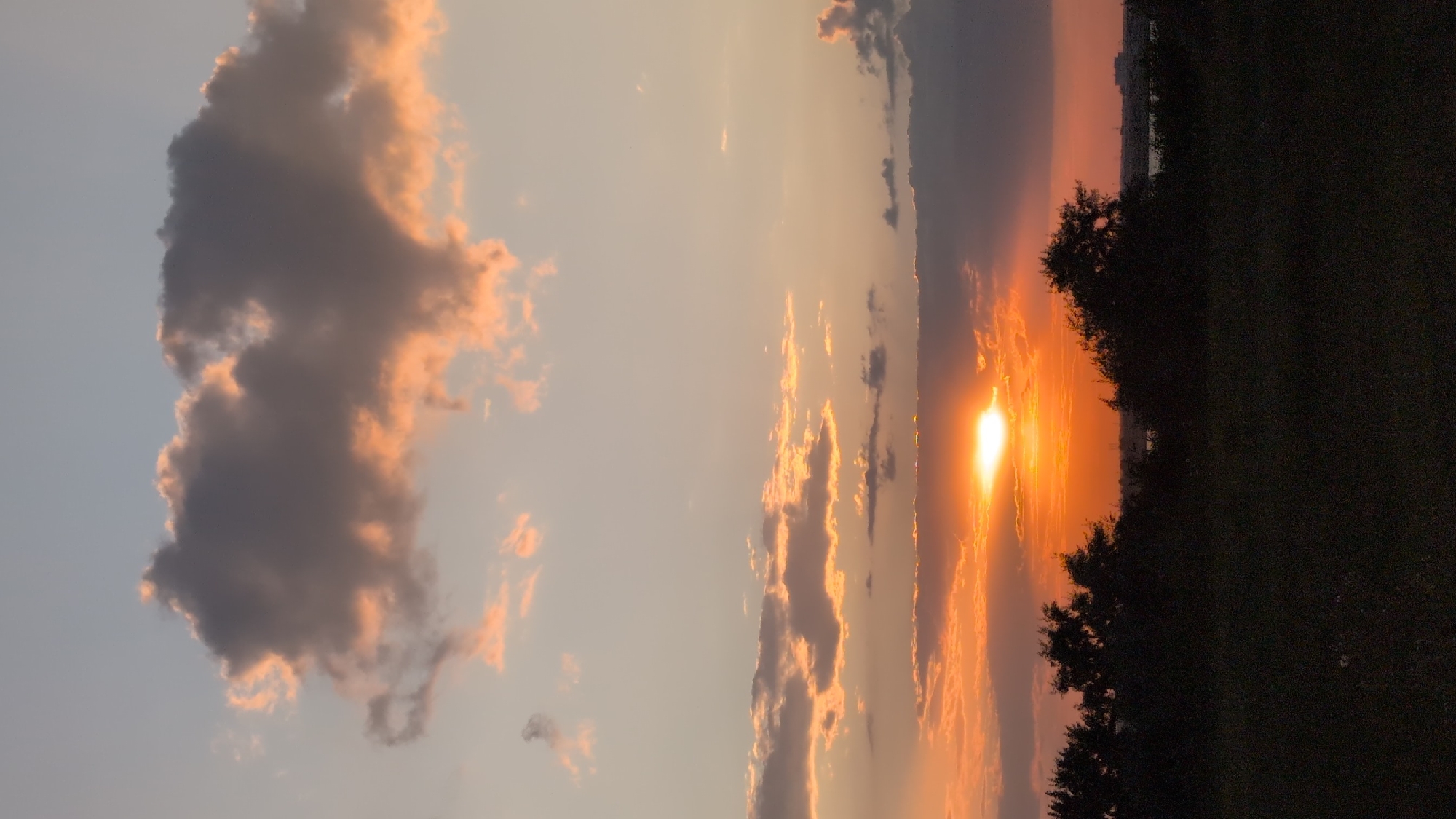 The image depicts a sunset scene over a body of water, possibly a lake or the Black Sea, near the city of Constanța, Romania. Silhouetted trees and vegetation form a dark foreground, obscuring the ground details. In the middle ground, a strip of water is visible, with distant structures, potentially industrial or residential buildings, barely discernible on the far shore. The sky is a gradient of soft blues, oranges, and pinks, characteristic of twilight. Scattered clouds, some tinged with the warm hues of the setting sun, add texture to the sky. The sun itself is partially obscured by a cloud layer near the horizon, casting a bright, diffused glow. The overall atmosphere is serene and tranquil, capturing the end of the day in a coastal or lakeside setting.