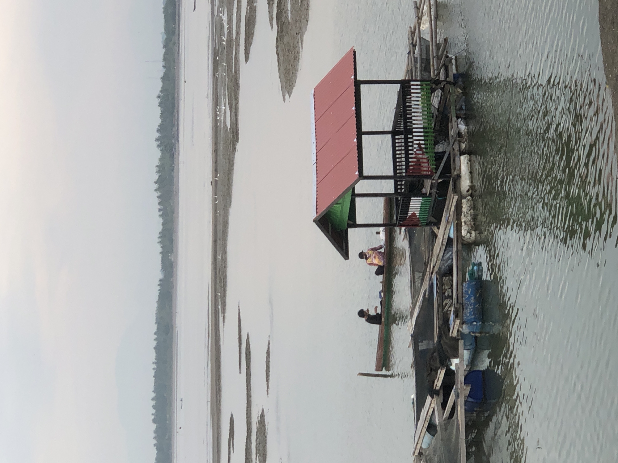 This image depicts a serene, overcast day at the coast of Lhokseumawe, Indonesia, likely in the area of Krung Geukueh. In the foreground, a floating structure with a red-roofed gazebo serves as a focal point. The gazebo is adorned with decorative railings painted in green, white, and red. The structure itself is built upon a raft composed of barrels and wooden planks, indicating a functional setup, possibly for fishing or leisure. Adjacent to this floating platform, a narrow wooden boat is positioned, carrying two individuals. One person, wearing a black shirt, is seated closer to the front, while the other, dressed in a colorful shirt with a tie-dye pattern, is seated towards the rear. They appear to be engaged in an activity within the boat. In the background, a vast expanse of water stretches towards a treeline and hazy mountains in the distance. The water is interspersed with exposed patches of mudflats, where numerous white birds are scattered, suggesting a low tide or shallow water environment. The overall atmosphere is tranquil, with the muted colors and soft light contributing to a sense of calm.