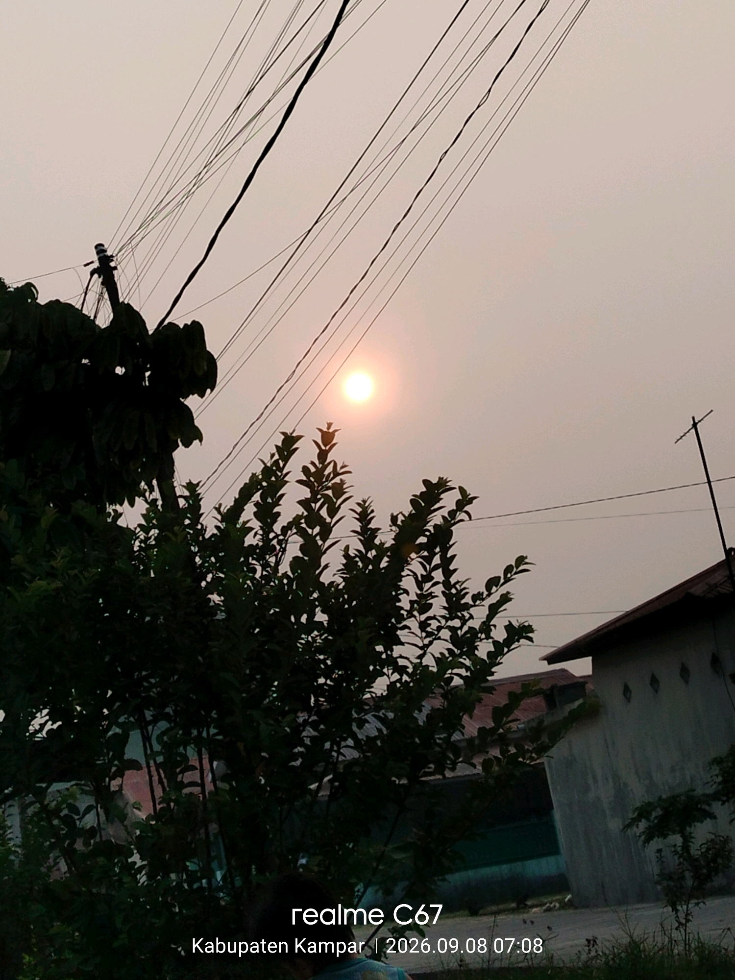 The image captures a hazy sunset over Kubang Jaya, Indonesia. The sky is a muted orange and pink, with the sun appearing as a small, bright orb. A dense canopy of dark green leaves from a tree dominates the left side of the frame. Above the tree, a cluster of black electrical wires crisscrosses the sky, attached to a utility pole. On the right side of the image, a portion of a building with a corrugated metal roof is visible, along with a simple concrete structure. The lower part of the image shows some dry grass and the bottom of the foliage. The text overlay indicates "realme C67 | Kabupaten Kampar | 2026.09.08 07:08".