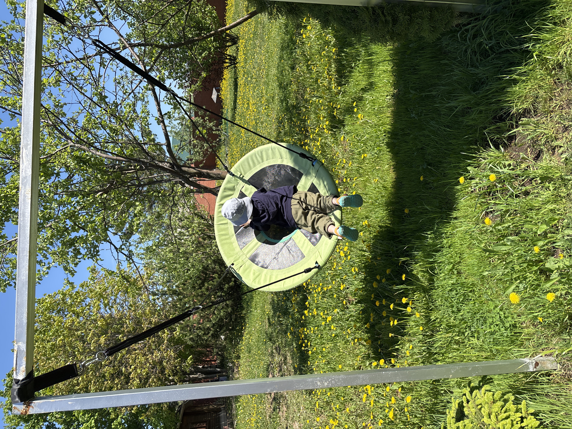 The photograph captures a child in a round, green swing suspended from a metallic frame in an outdoor setting in Ферма, Russia. The child, wearing a light-colored hat, a navy top, and khaki trousers, is lying down in the swing. The swing hangs from two black straps connected to the top bar of the frame. The ground is covered with green grass and yellow dandelions. In the background, trees are visible, and a building with a red roof can be partially seen. The sky is blue with some visible branches of trees. The location appears to be a garden or park area.
