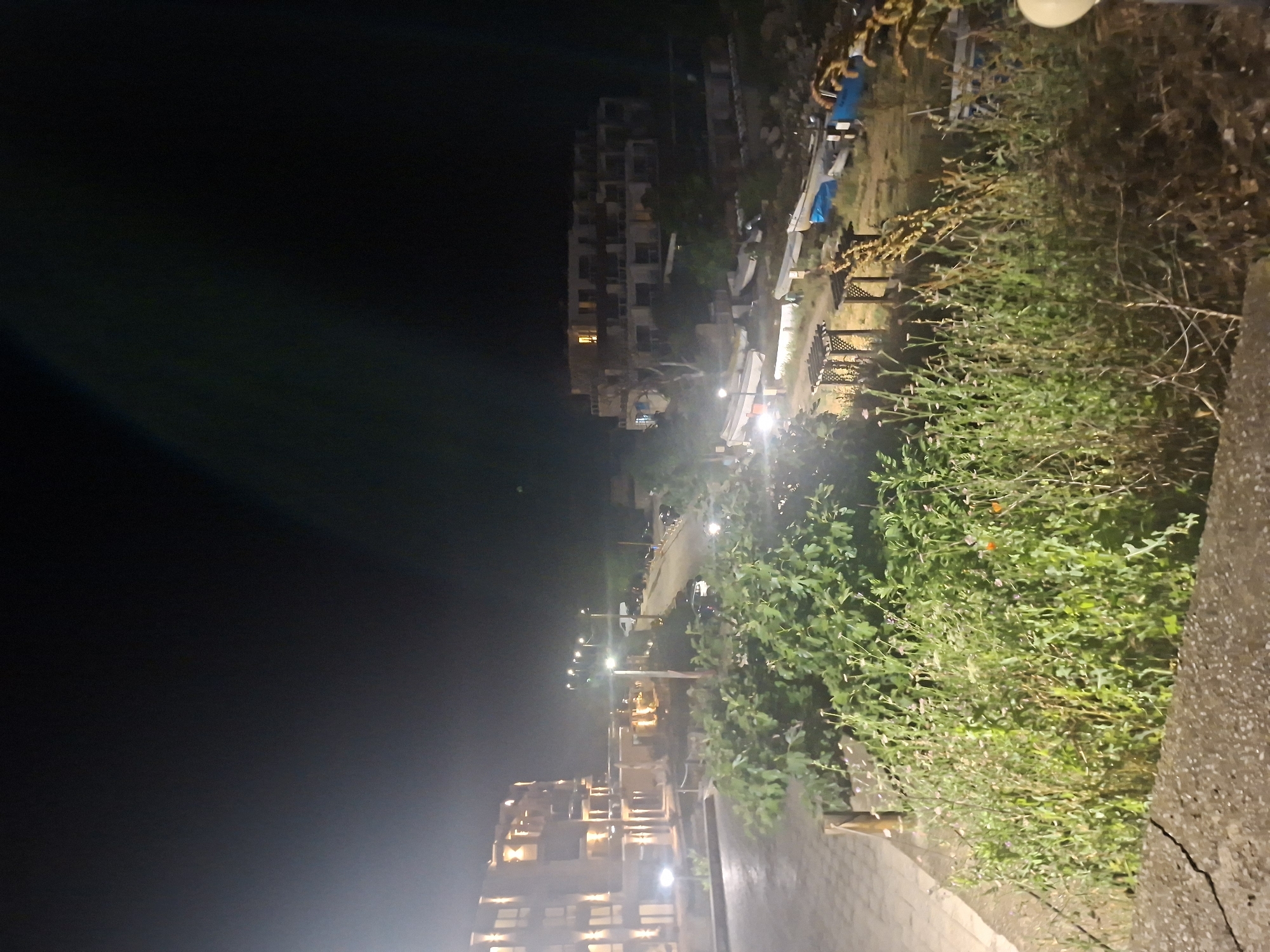 The image depicts a nighttime scene in Tyulenovo, Bulgaria, featuring a coastal resort area. In the foreground, dense green foliage with scattered small flowers grows along a cracked concrete embankment. Beyond this, a paved walkway leads towards two buildings. The building on the left is a multi-story structure with many illuminated windows, suggesting it is a hotel or residential complex. A lamppost with a bright light stands near the walkway.
Further into the scene, a road curves upwards, with a white van and at least one dark car visible. Several other buildings are spread across the landscape. To the right, a hill slopes down towards the coast. On this slope, several boats are resting on the ground, some covered with tarps. Two small, open-sided wooden shelters with slatted roofs are also present in this area. The background is dominated by the dark night sky, with a few distant lights suggesting the presence of more structures. The overall impression is one of a quiet, somewhat undeveloped resort town at night.