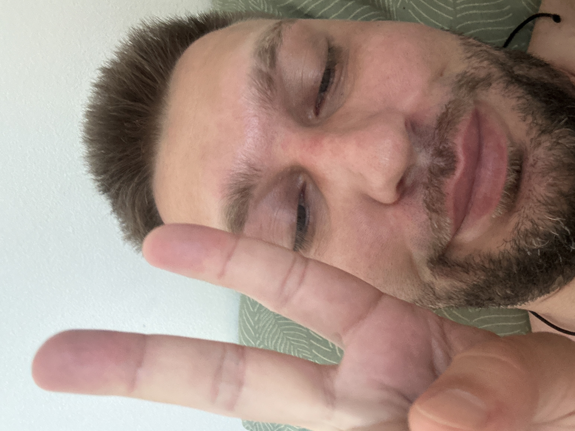 The image shows a close-up selfie of a man holding up two fingers in a peace sign. The man has short brown hair, a beard, and appears to be lying down. His eyes are partially closed, and he is smiling slightly. The background is a textured green surface, possibly a pillow or blanket. The lighting is soft and diffused. There is no discernible information in the image that would allow for the identification of the location within Zvezdara Urban Municipality, Serbia.
