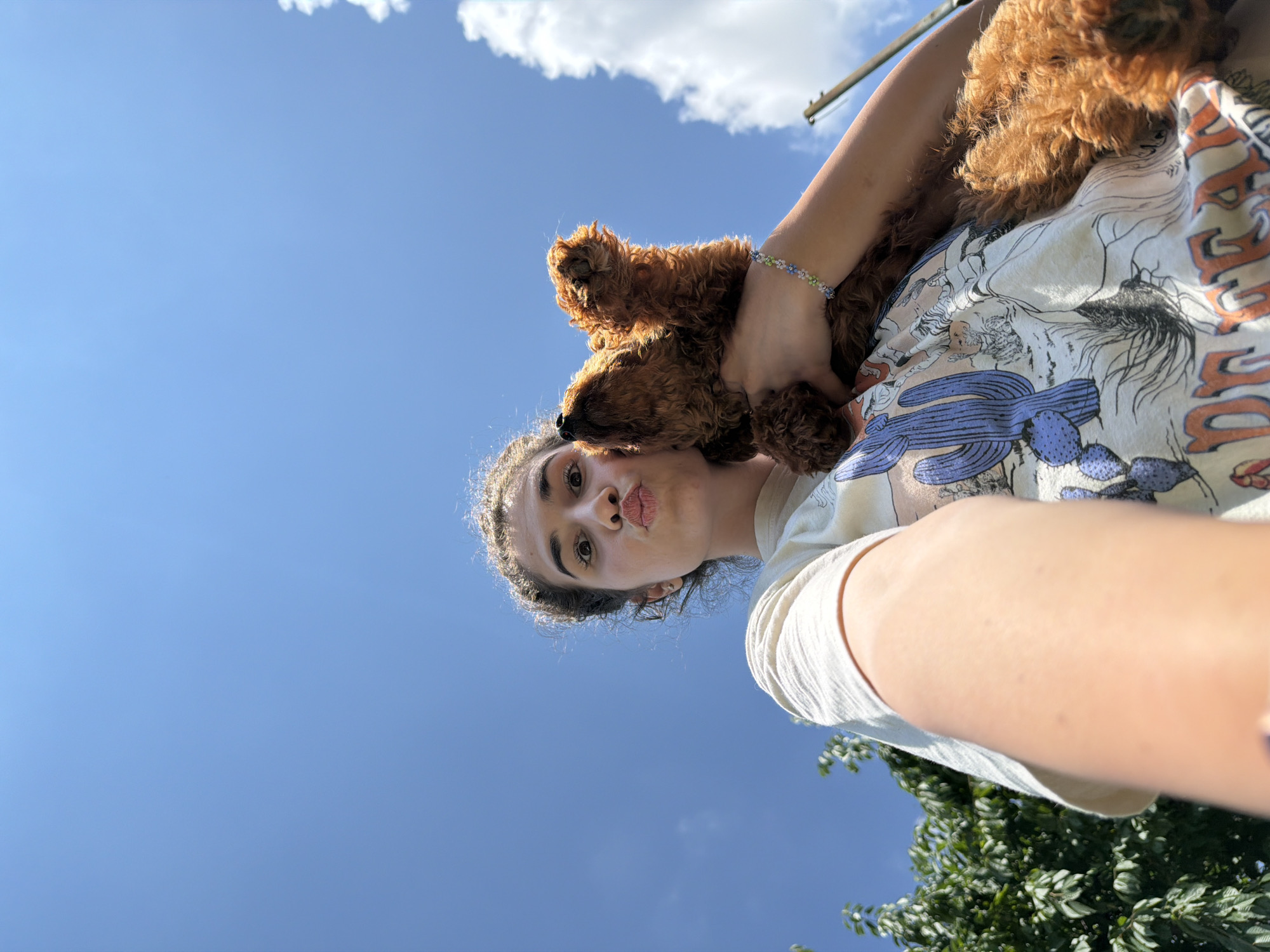 The image shows a young woman holding a small, fluffy brown dog against a bright blue sky with scattered white clouds. The woman is looking down at the camera with her lips puckered. She has curly brown hair and is wearing a light-colored t-shirt with a graphic print of cacti and other desert imagery. A beaded bracelet is visible on her wrist. The dog, which appears to be a doodle breed, is nestled against her shoulder and chest, with its head peeking over her arm. The photo seems to be taken from a low angle, looking up towards the sky and the subjects. The overall impression is of a casual, outdoor moment, possibly during the daytime given the bright sunlight. The presence of trees in the lower right corner suggests a natural or park-like setting. There is no visible text in the image.