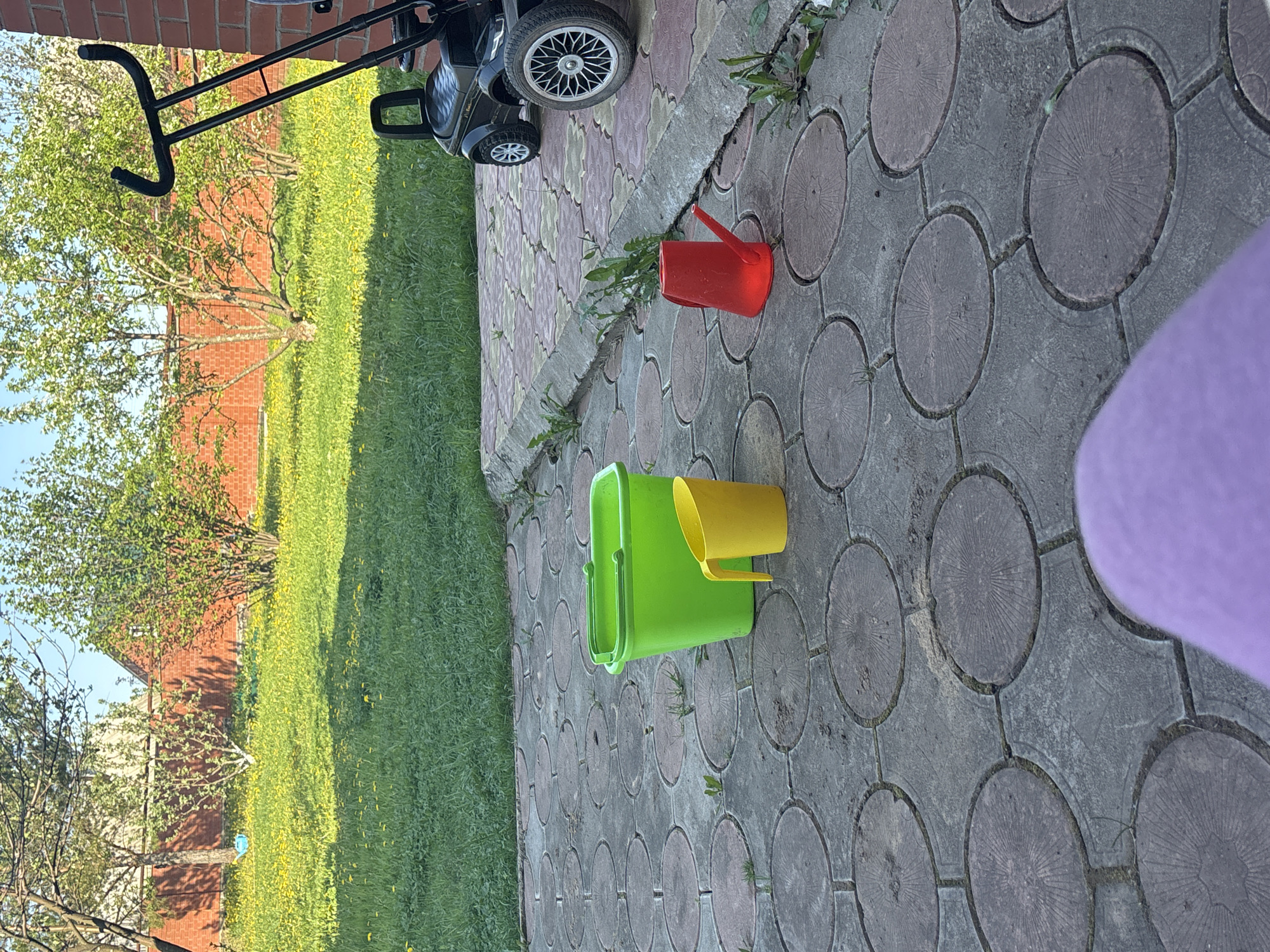 The scene depicts an outdoor setting in Ферма, Russia, featuring a paved area and a grassy lawn. A red brick building and trees are visible in the background. On the paved surface, there is a black toy car or stroller, a red watering can, and a green bucket with a yellow cup inside. The paving is made of large, circular concrete slabs. A purple object is partially visible in the foreground. The lawn is covered in grass with yellow dandelions.