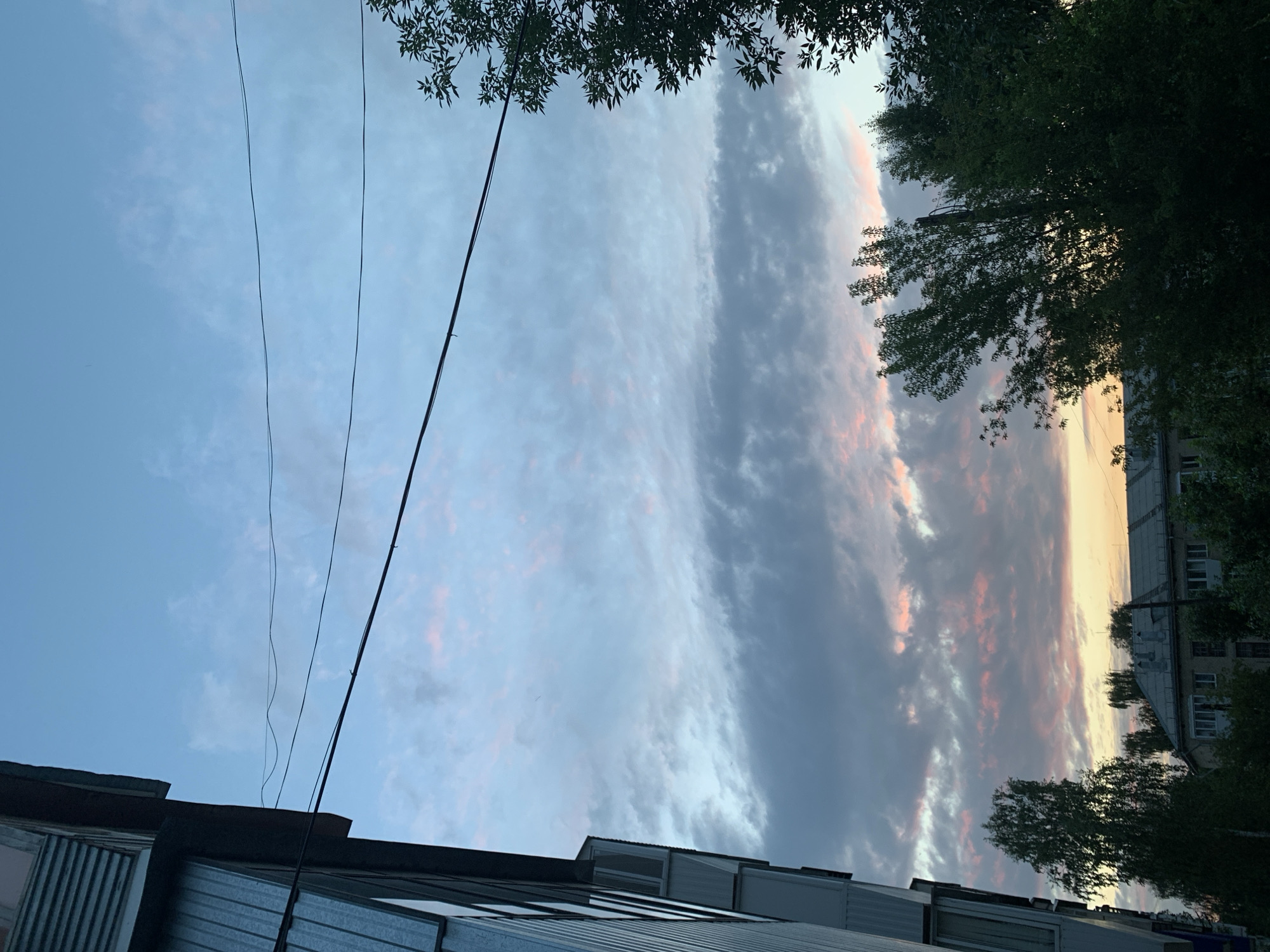 This is a daytime, outdoor, eye-level, full-shot photograph of a sky with scattered clouds and trees in the foreground. The sky is a pale blue with wisps of pink and gray clouds. The sun is not visible, but its light is reflecting off the clouds, creating a sunset-like effect. In the foreground, there are several trees with green leaves. The left side of the image shows the side of a building with silver siding and windows. In the distance, there are rooftops of other buildings. The photograph was taken in the city of Asha, Russia.