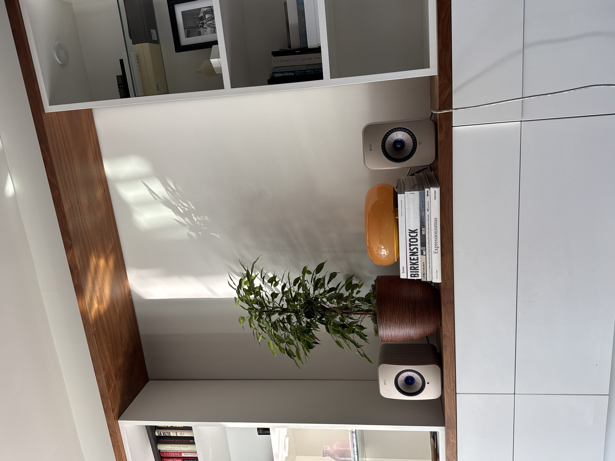 A close-up shot depicts a section of shelving with a built-in cabinet structure, focusing on the display of various objects. The shelving units and cabinets appear to be built into the wall, framed with a dark wood trim that contrasts with the predominantly white surfaces.
On the right side, the frame is constructed with white, vertically stacked panels, suggesting cabinet doors. On the left, the wood trim leads the eye to shelving units filled with books and decorative items.
Centered on the shelf space is a houseplant in a textured brown pot. Beside the pot, there is a stack of books, including titles such as "SAN WALTON," "SAPIENS," "Homo Deus," and "BIKENSTOCK." An orange vase is situated next to the books. Above and below these items are small, round KEF speakers.
The image is well-lit with sunlight casting shadows from the leaves of the plant onto the white background of the shelf.
This image does not contain information about the specific location in London, United Kingdom.