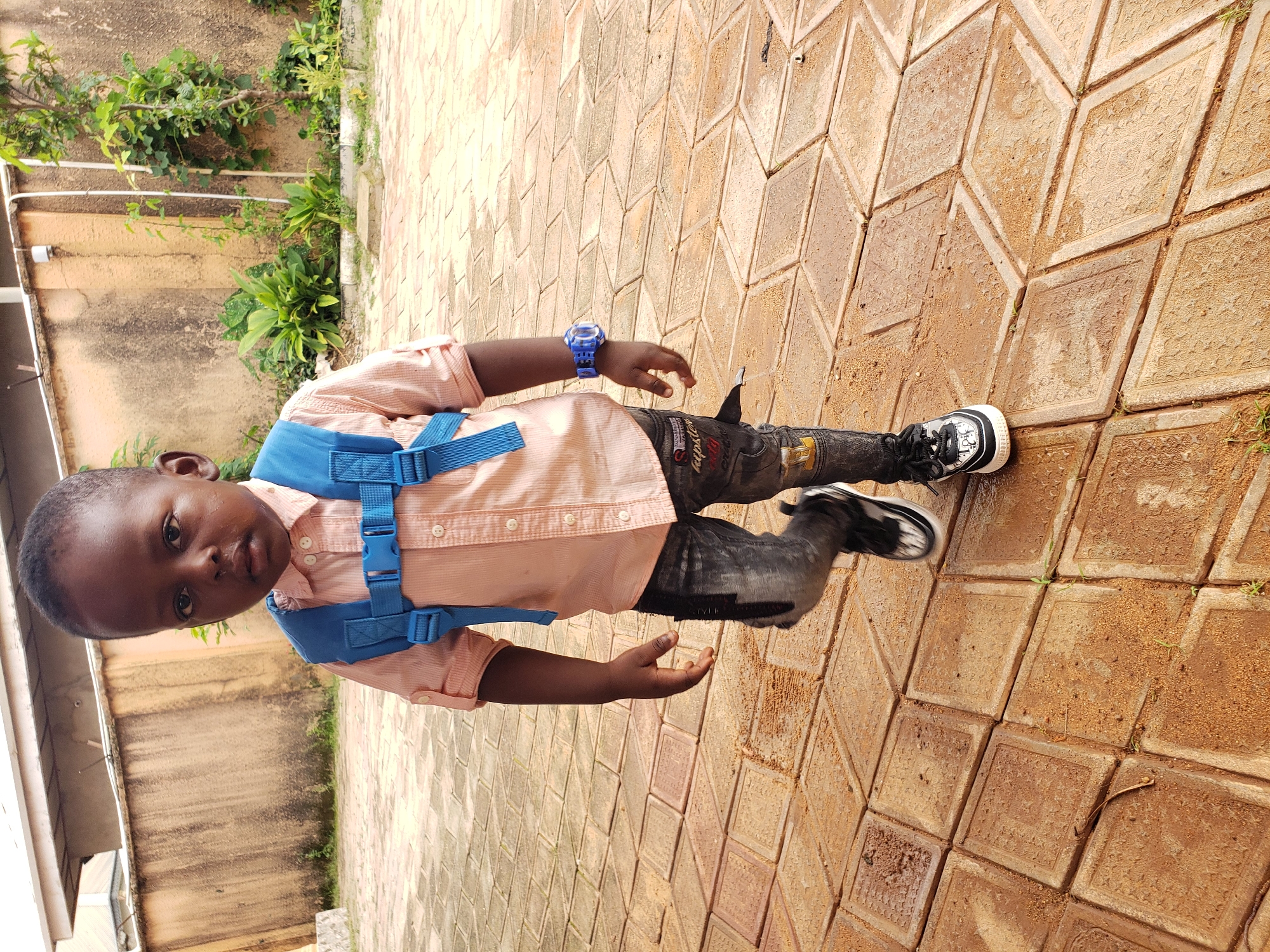 A young Black child, likely male and around two to three years old, stands on a paved outdoor area. The child is wearing a light pink collared shirt, dark grey denim jeans with patches and decorative stitching, a blue backpack with adjustable straps and a buckle, and black and white sneakers. A blue digital watch is visible on the child's left wrist. The child is facing forward, looking towards the camera with a serious expression.
The ground is paved with interlocking square and diamond-shaped concrete tiles, some of which appear wet or discolored, possibly from recent rain or water spills. Sand and small particles are visible on the tiles.
In the background, there is a light-colored, textured wall made of concrete or stucco. To the right of the wall, lush green foliage and plants are growing, with a tree visible. Above the wall, a white overhang or roof structure is partially visible, with electrical conduits or wires running vertically down the wall.
The overall setting appears to be a residential or communal outdoor space in Sabon Tasha, Nigeria, likely a courtyard or driveway area. The lighting suggests it is daytime.