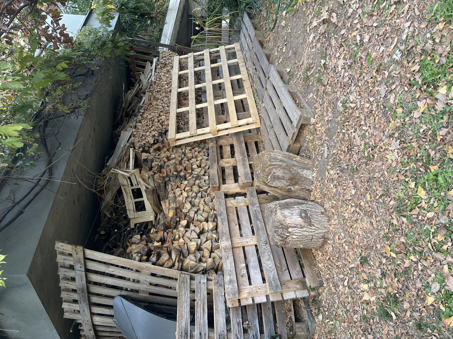 This outdoor scene, set in Castione, Italy, depicts a rustic storage area for firewood and other materials. A large quantity of split firewood is neatly stacked in piles across the central and left portions of the frame. These piles are organized using numerous wooden pallets, some lying flat on the ground to create a base and others stacked or leaning, forming makeshift enclosures or covers.
On the far left, a tall, light-colored concrete wall or building structure stands, partially obscured by green leafy vines and vegetation that grow along its surface. To the right of the stacked wood and pallets, the ground is covered with a thick layer of dry, fallen leaves interspersed with patches of green grass and weeds, indicating a natural or unpaved area. Two substantial, weathered tree stumps or large logs are prominently placed among the pallets on the right side, appearing to be used as informal furniture or additional structural elements.
In the lower-left corner, beneath some pallets, a section of a dark gray object, possibly a covered boat or vehicle, is visible. The lighting suggests it is daytime, with natural illumination across the scene. There are no people visible, and no specific activity is occurring, presenting a static view of an organized outdoor storage space. No visible text is present in the image.