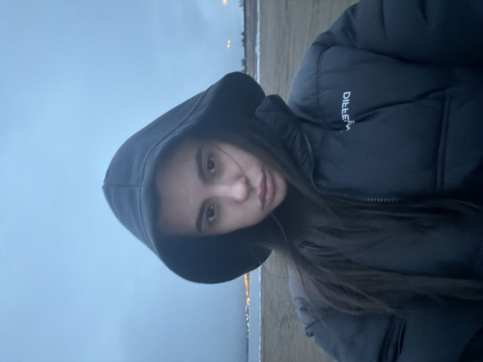 The image shows a young woman outdoors, seen from the chest up, seemingly taking a selfie or posing for a photo. She wears a dark, possibly black or navy, puffer jacket with the hood pulled up, partially obscuring her dark hair. White text, clearly visible on the left chest area of her jacket, spells "DILLEMA". She looks directly into the camera with a neutral expression.
The setting appears to be a wide, open area, likely a beach or a sandy/gravelly shoreline next to a body of water. The sky above is a uniform, pale blue-grey, indicating an overcast or cloudy day. In the distance, along the horizon, several small, bright orange-yellow lights are visible, suggesting it might be dusk or dawn, or that these are distant streetlights or structures. The ground is a muted brown-grey. The overall light is soft and diffused, contributing to a cool color palette, implying cool weather given her jacket. The location context indicates Noviy, Russia.