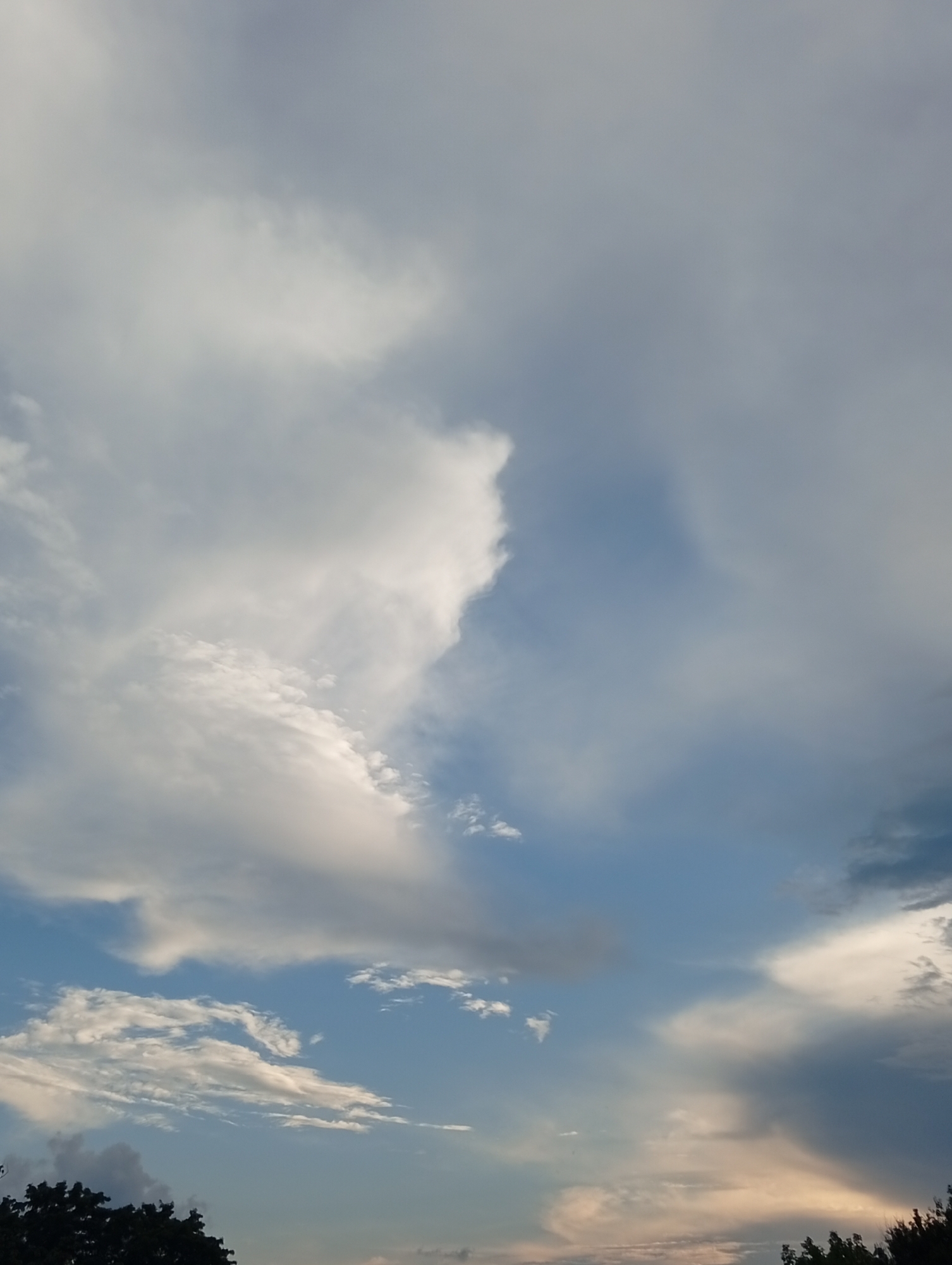This is a vertical, medium-wide shot of a sky with scattered clouds. The sky is blue, with a mix of white and grey clouds. The clouds are of various sizes and shapes, with some appearing wispy and others more dense. The light suggests it is daytime, possibly late afternoon or early morning due to the warm tones in some of the clouds. The bottom of the frame shows the tops of dark green trees against the lighter sky. The image appears to be an outdoor scene with no people or specific man-made structures visible, other than potentially the background elements that are out of focus.